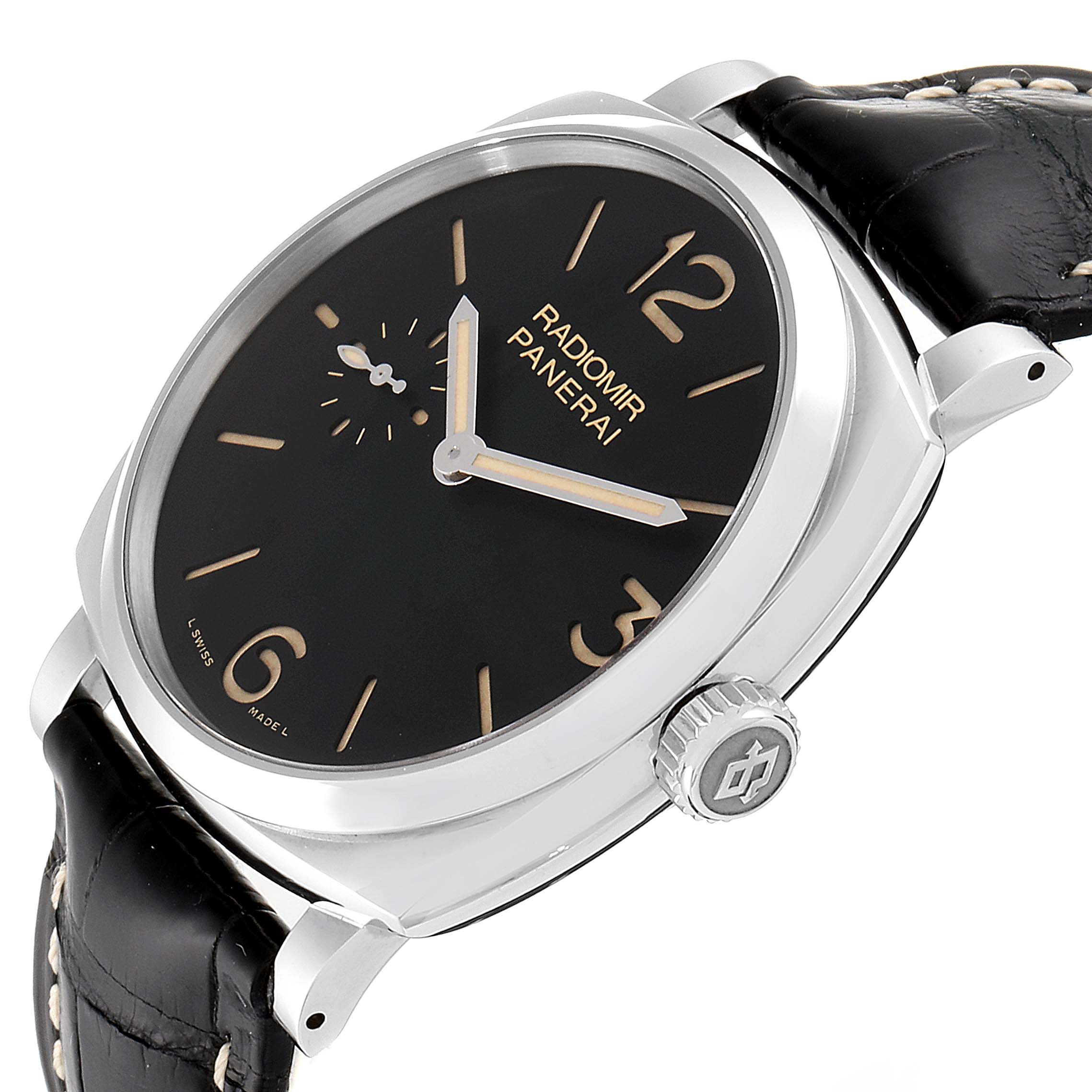 The Panerai Radiomir PAM00512 Men's Stainless Steel Black Dial PAM00512 Men's Stainless Steel Black Dial watch is shown at an angle, highlighting the black dial, crown, and black leather strap.