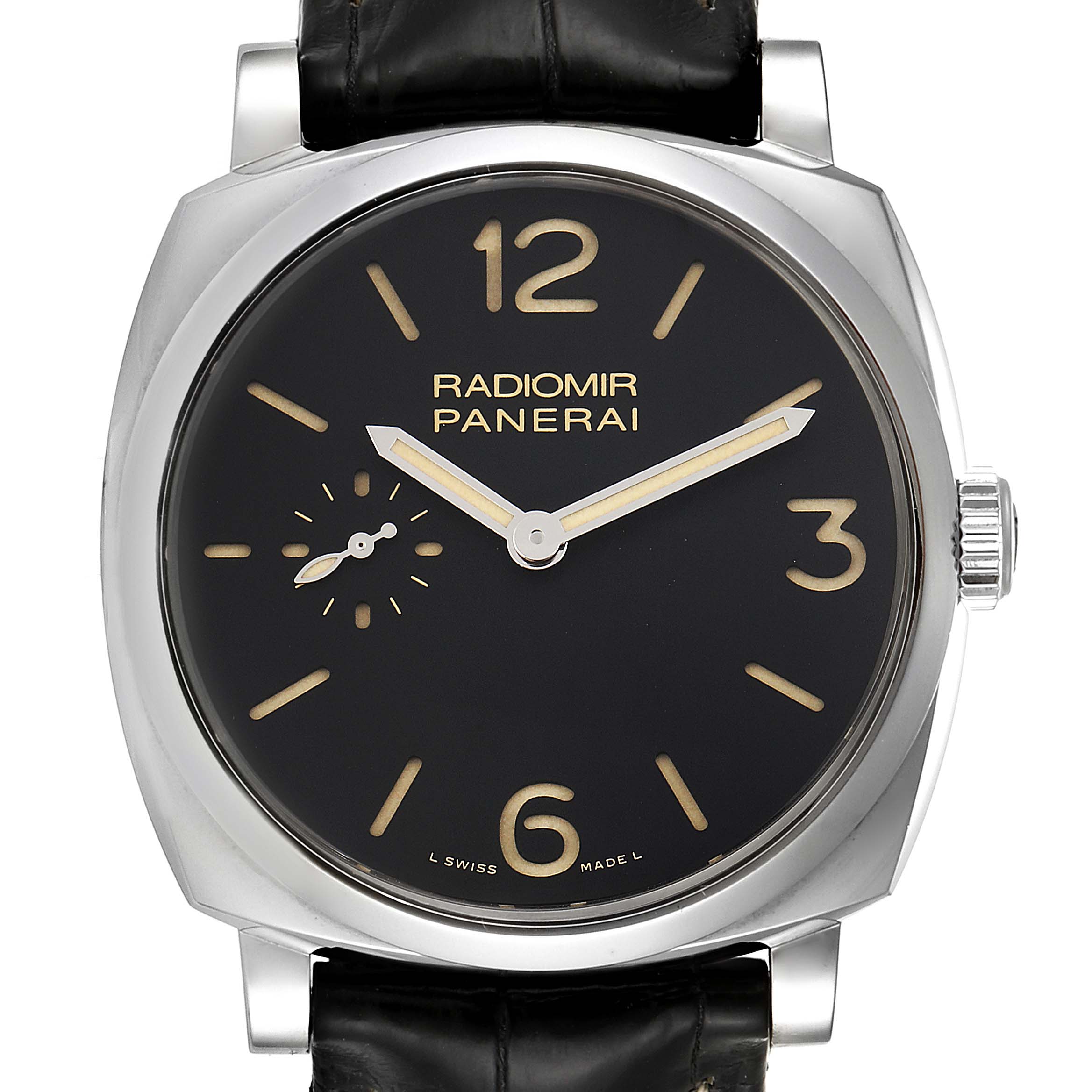 This image shows a front view of a Panerai Radiomir PAM00512 Men's Stainless Steel Black Dial PAM00512 Men's Stainless Steel Black Dial watch, highlighting its dial, hands, and crown.