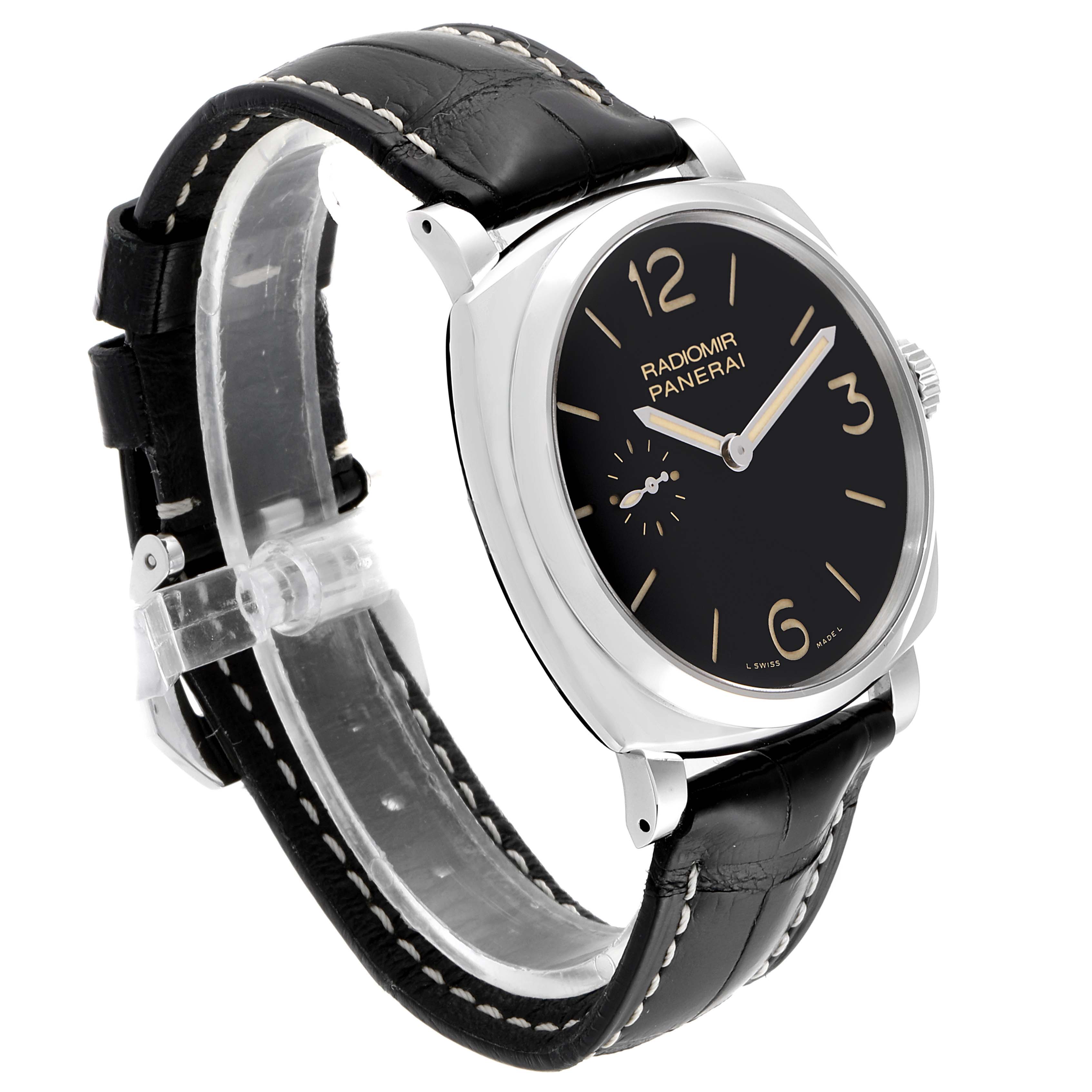 The Panerai Radiomir PAM00512 Men's Stainless Steel Black Dial PAM00512 Men's Stainless Steel Black Dial watch is shown at a three-quarter angle, highlighting its black dial, brown leather strap, and metal case.