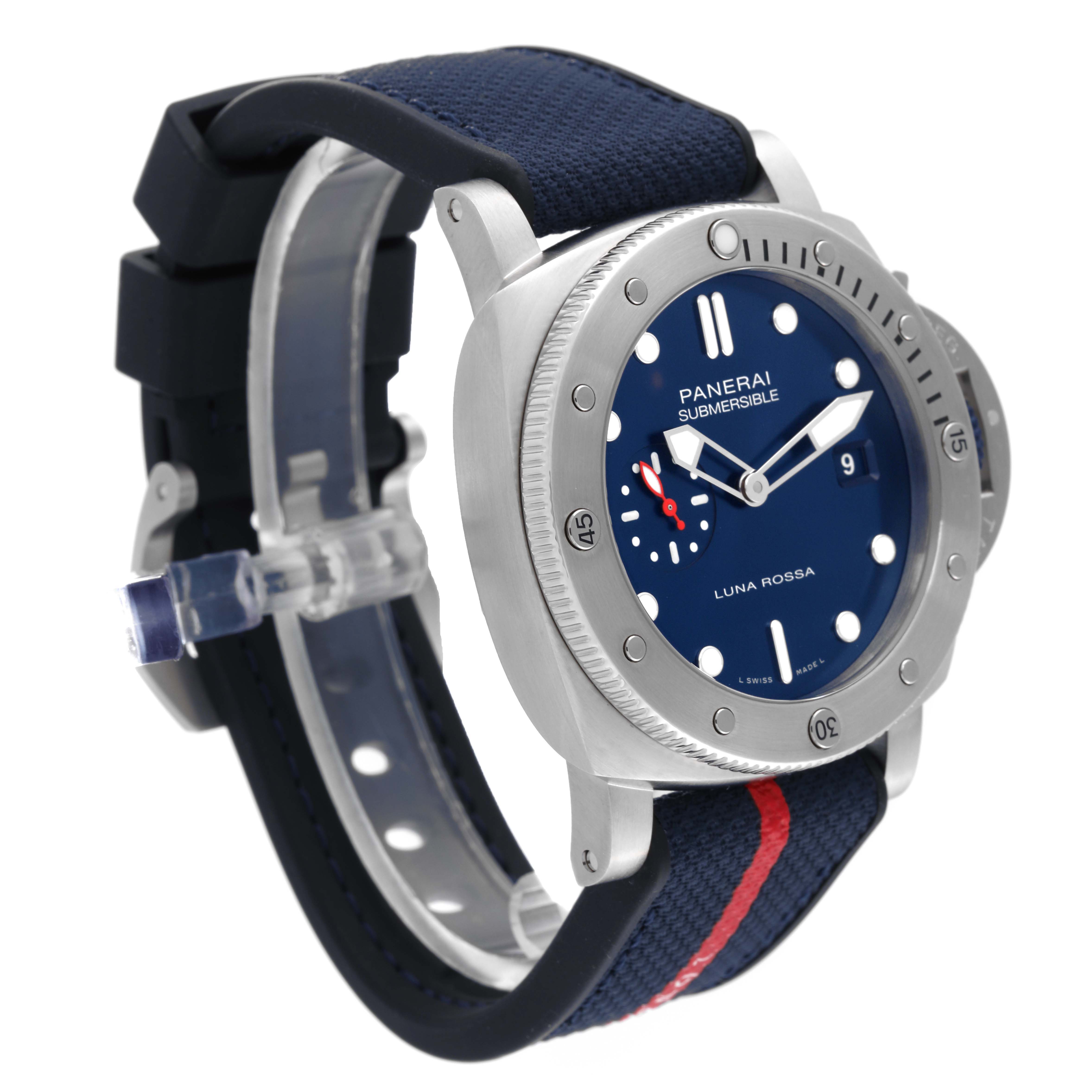 The Panerai Submersible PAM01391 Men's Stainless Steel Blue Dial PAM01391 Men's Stainless Steel Blue Dial is shown at an angle displaying the face, bezel, crown, and strap.