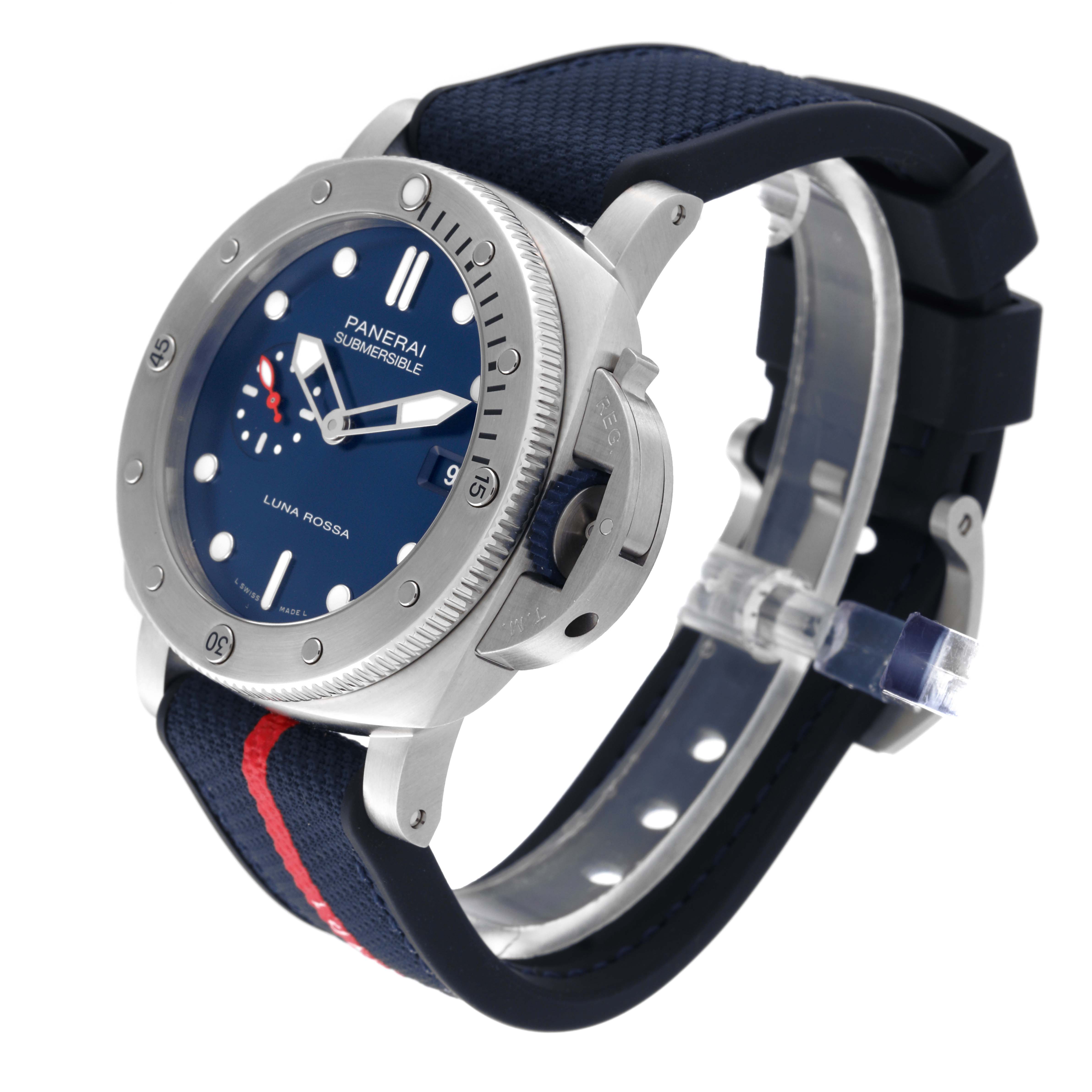 The Panerai Submersible PAM01391 Men's Stainless Steel Blue Dial PAM01391 Men's Stainless Steel Blue Dial watch is shown at an oblique angle, highlighting the bezel, dial, and strap.