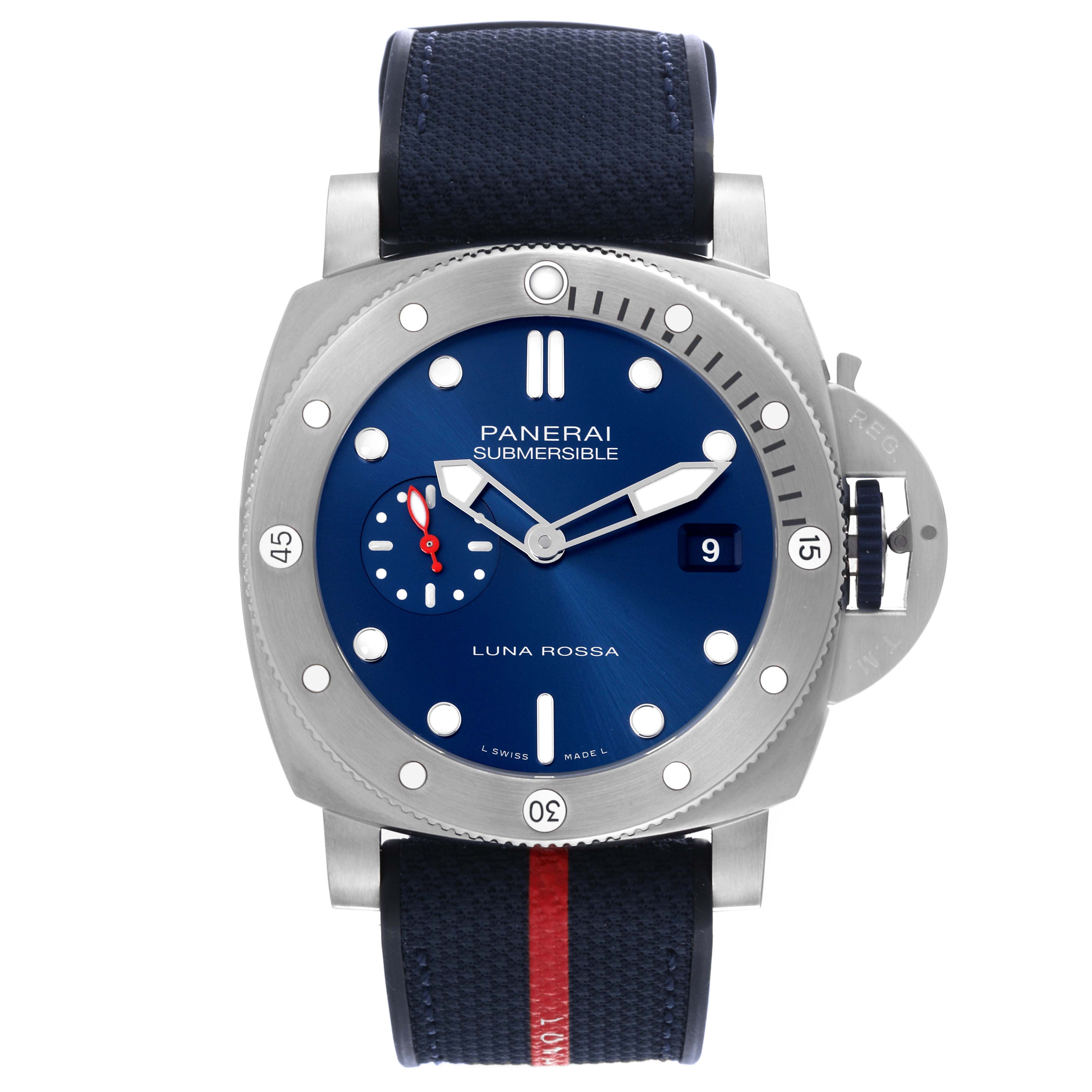 The Panerai Submersible PAM01391 Men's Stainless Steel Blue Dial PAM01391 Men's Stainless Steel Blue Dial watch is shown from a frontal angle, displaying the dial, bezel, and strap.