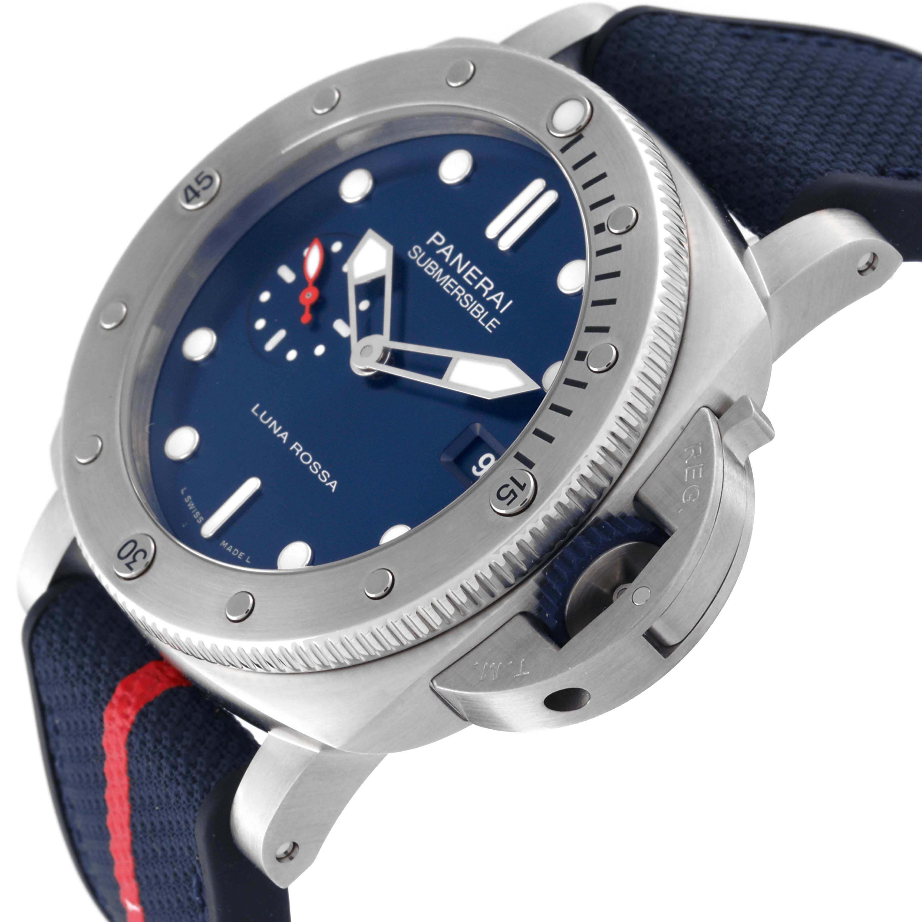 The Panerai Submersible PAM01391 Men's Stainless Steel Blue Dial PAM01391 Men's Stainless Steel Blue Dial watch is shown at a side angle, highlighting the bezel, dial, strap, and crown guard.