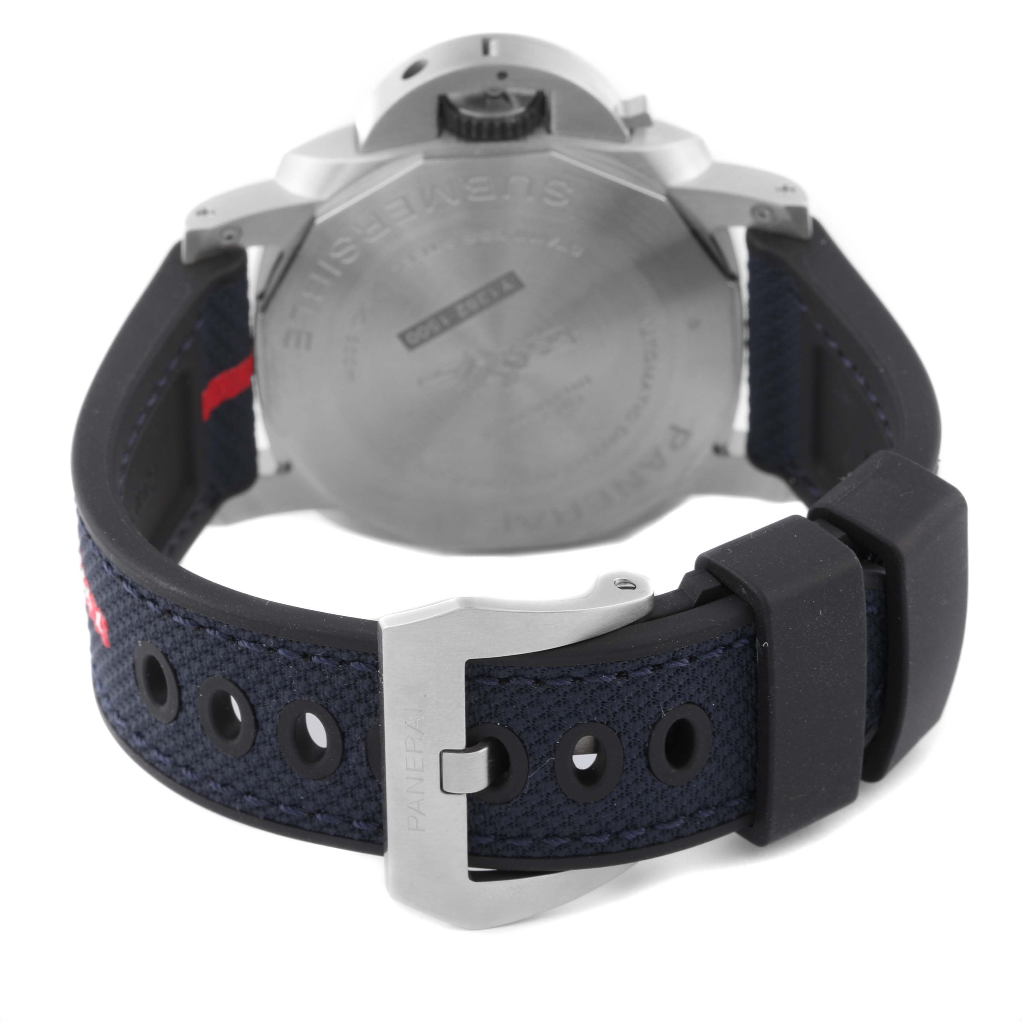 The image displays the back and buckle of a Panerai Submersible PAM01391 Men's Stainless Steel Blue Dial PAM01391 Men's Stainless Steel Blue Dial watch at an angled view.