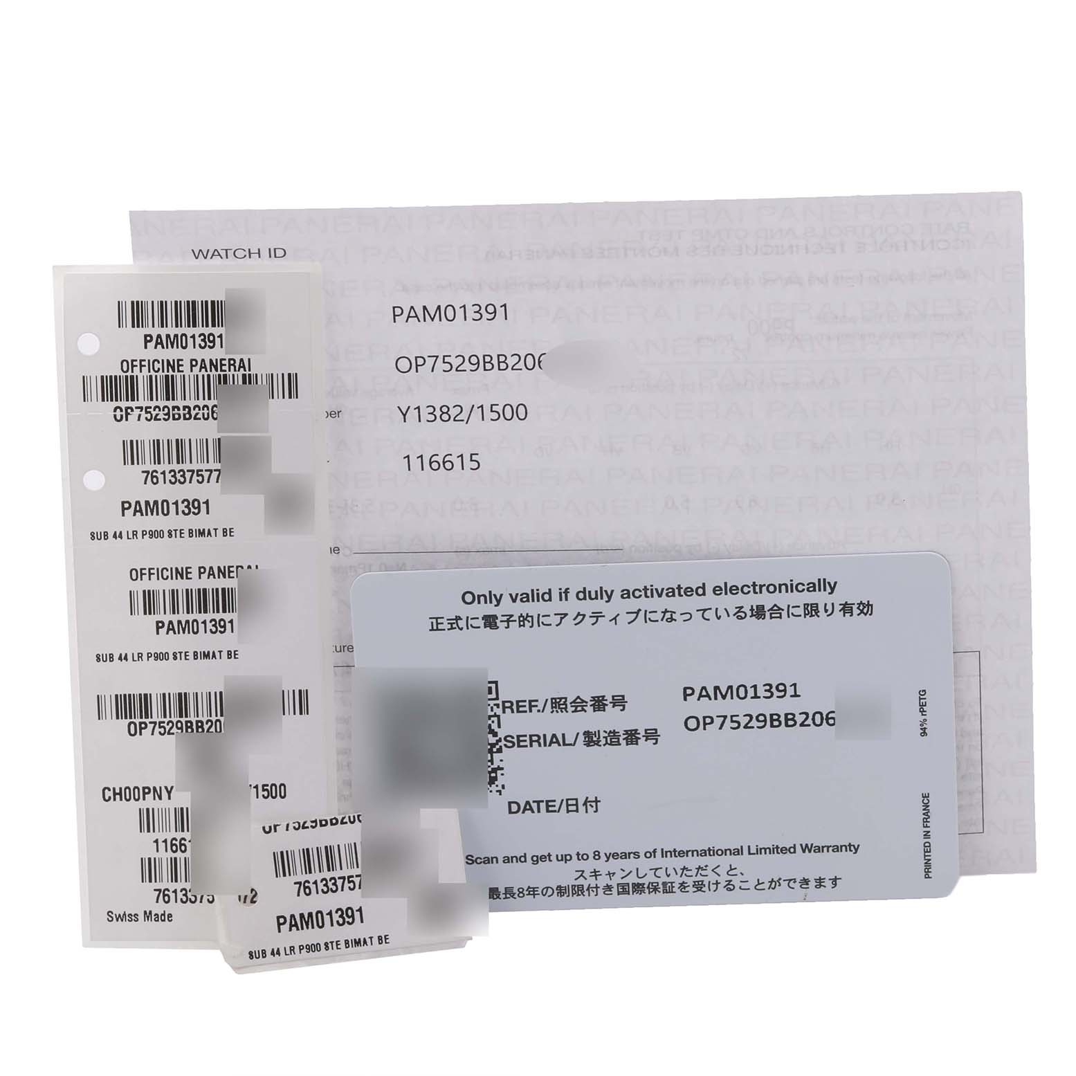 The image shows warranty cards and labels for a Panerai Submersible PAM01391 Men's Stainless Steel Blue Dial PAM01391 Men's Stainless Steel Blue Dial PAM01391 watch.