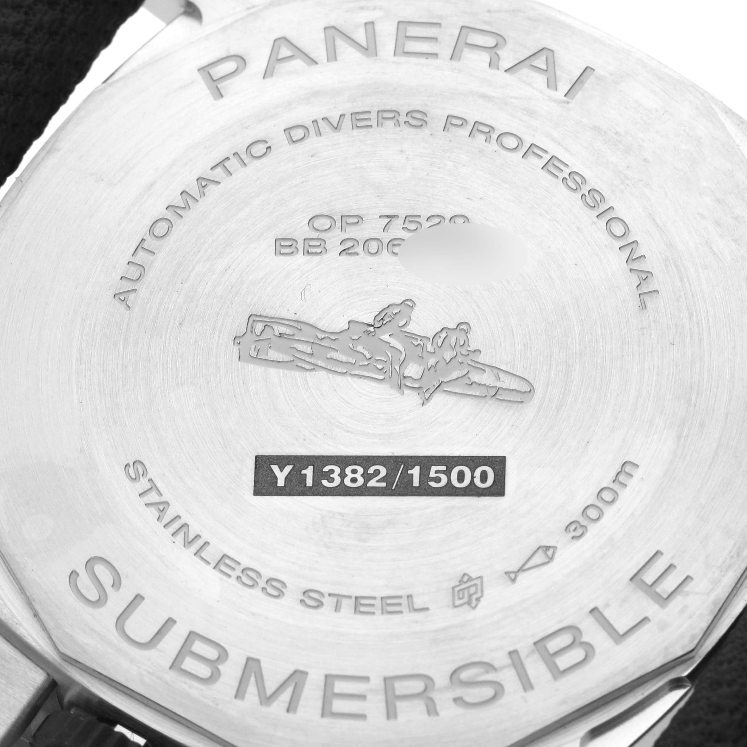 The image shows the back of the Panerai Submersible PAM01391 Men's Stainless Steel Blue Dial PAM01391 Men's Stainless Steel Blue Dial watch, displaying engravings and specifications.