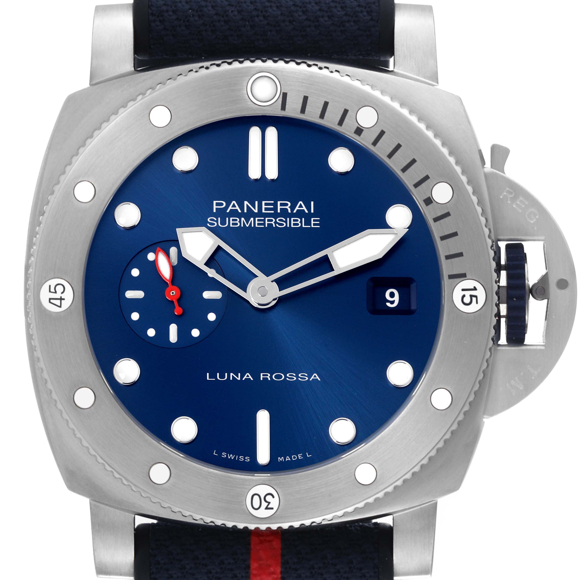 The Panerai Submersible PAM01391 Men's Stainless Steel Blue Dial PAM01391 Men's Stainless Steel Blue Dial watch is shown from a front angle, featuring the dial, bezel, and crown guard.