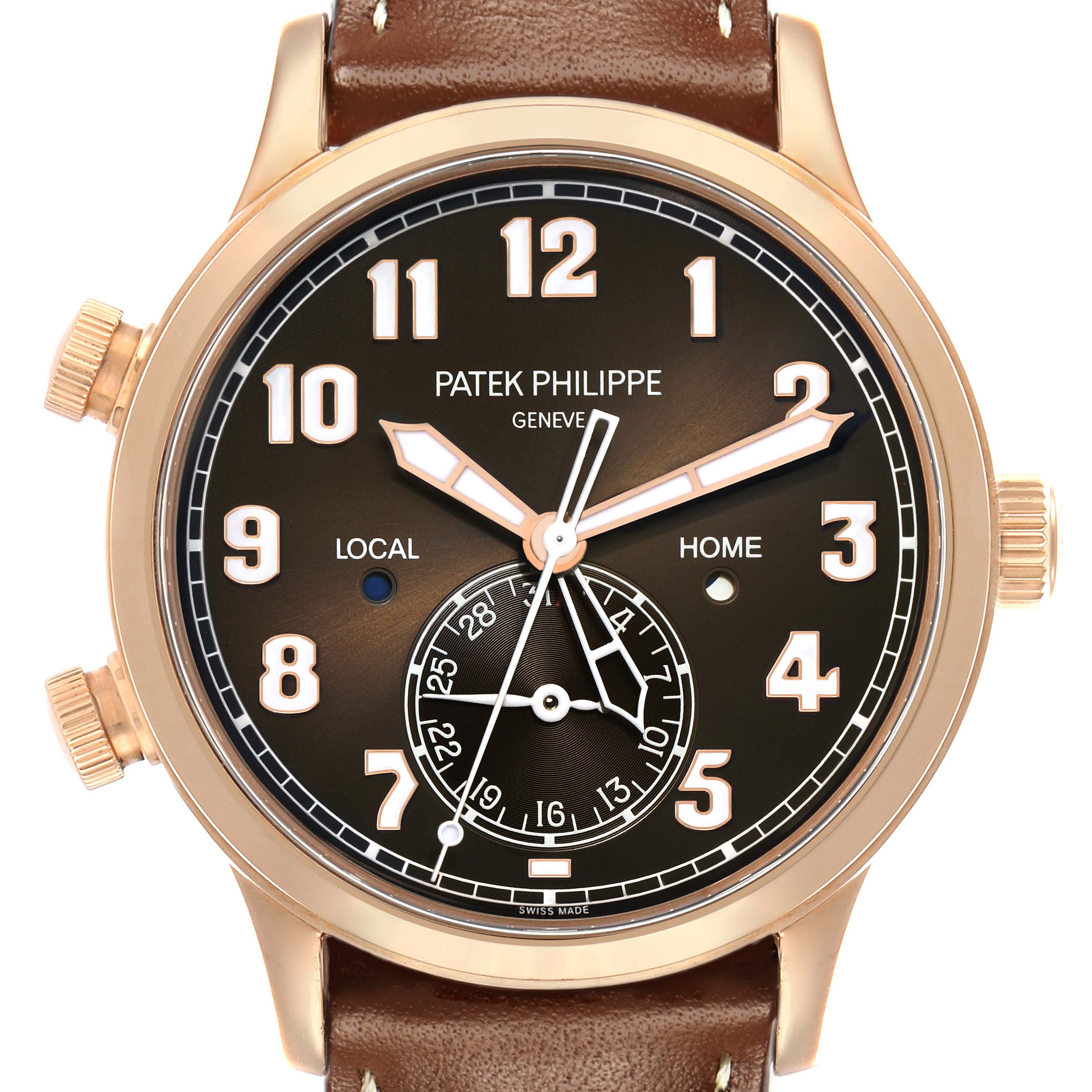 The Patek Philippe Calatrava 5524R Men's Rose Gold Brown Dial watch is shown from a front angle, highlighting the dial, numerals, hands, and leather strap.