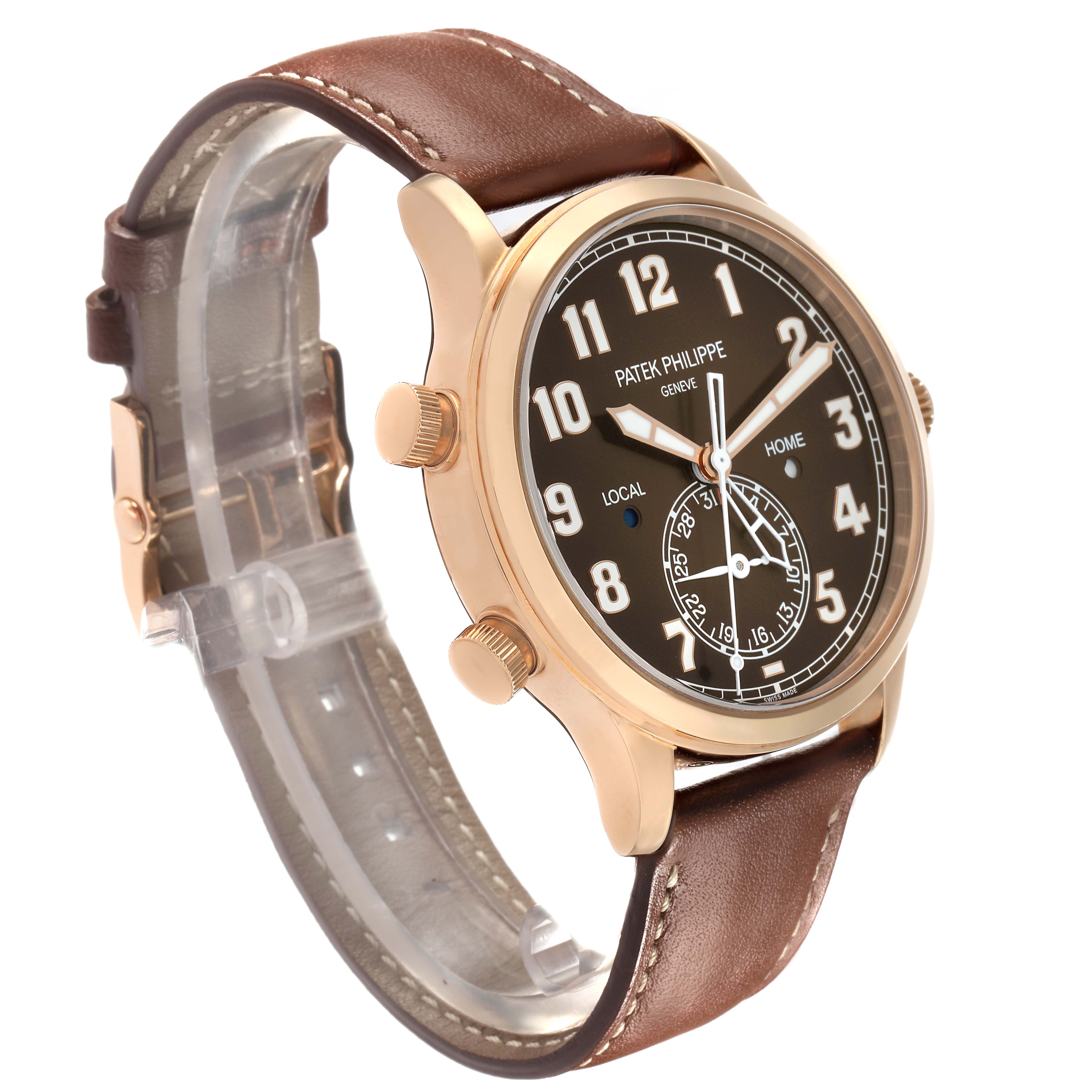 The Patek Philippe Calatrava 5524R Men's Rose Gold Brown Dial watch is shown from a three-quarter angle, highlighting the dial, crown, and leather strap.