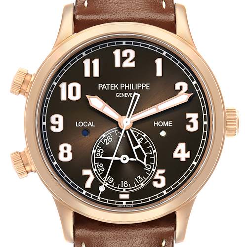 The Patek Philippe Calatrava 5524R Men's Rose Gold Brown Dial is shown from the front, displaying all dials, hands, and the brown leather strap.