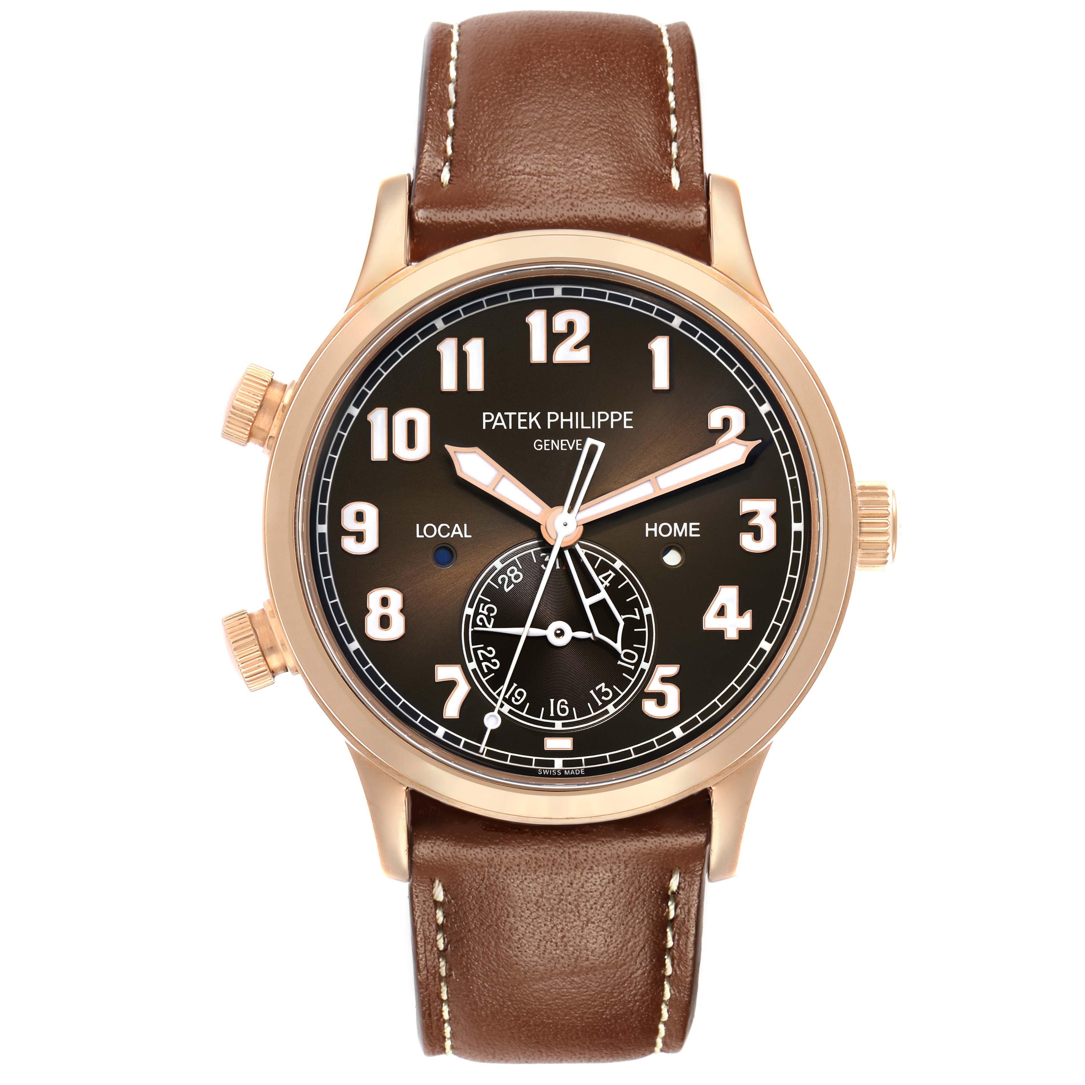 The Patek Philippe Calatrava 5524R Men's Rose Gold Brown Dial watch is shown from a front view, displaying the face, case, and brown leather strap.