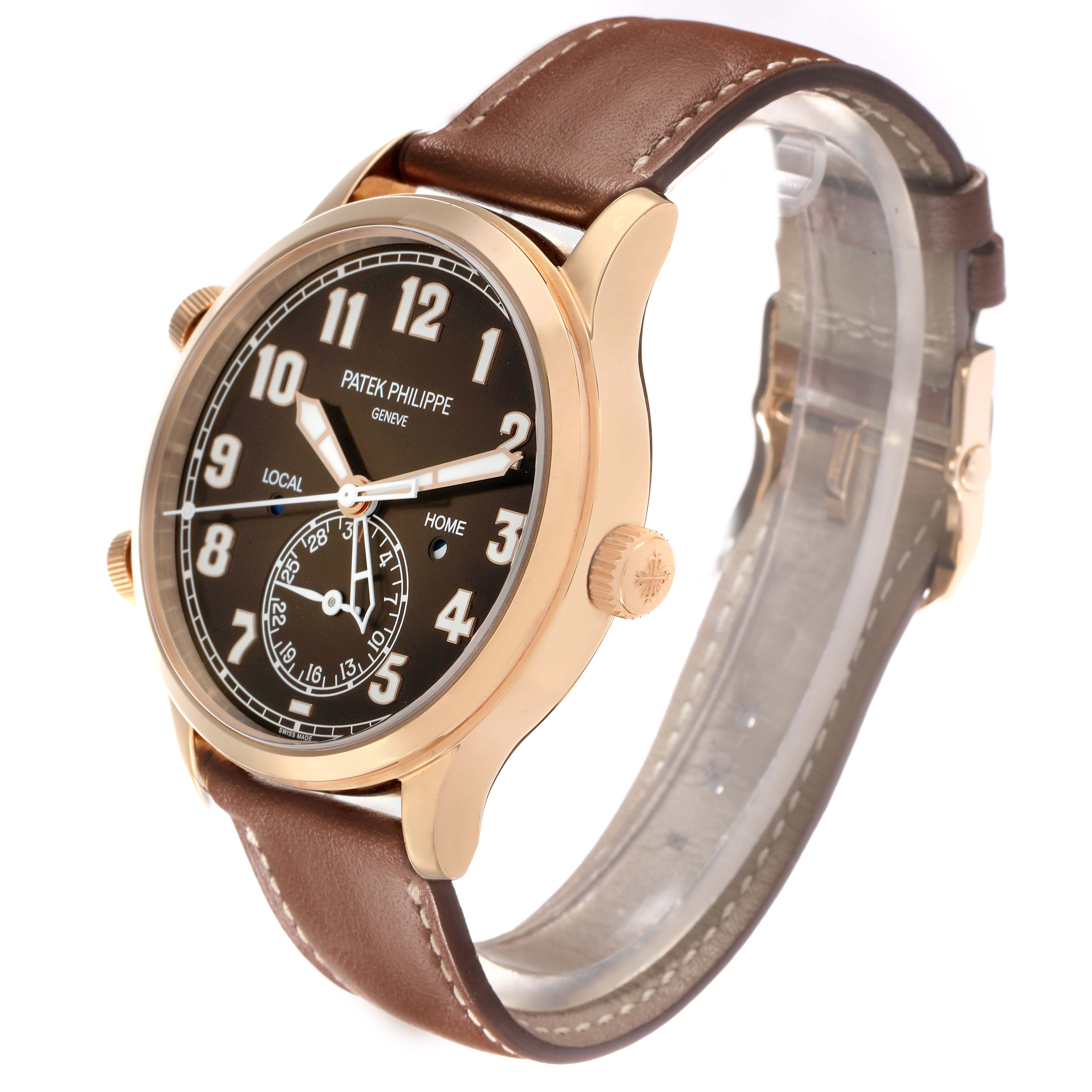 The Patek Philippe Calatrava 5524R Men's Rose Gold Brown Dial watch is shown at a side angle, highlighting the dial, crown, and brown leather strap.