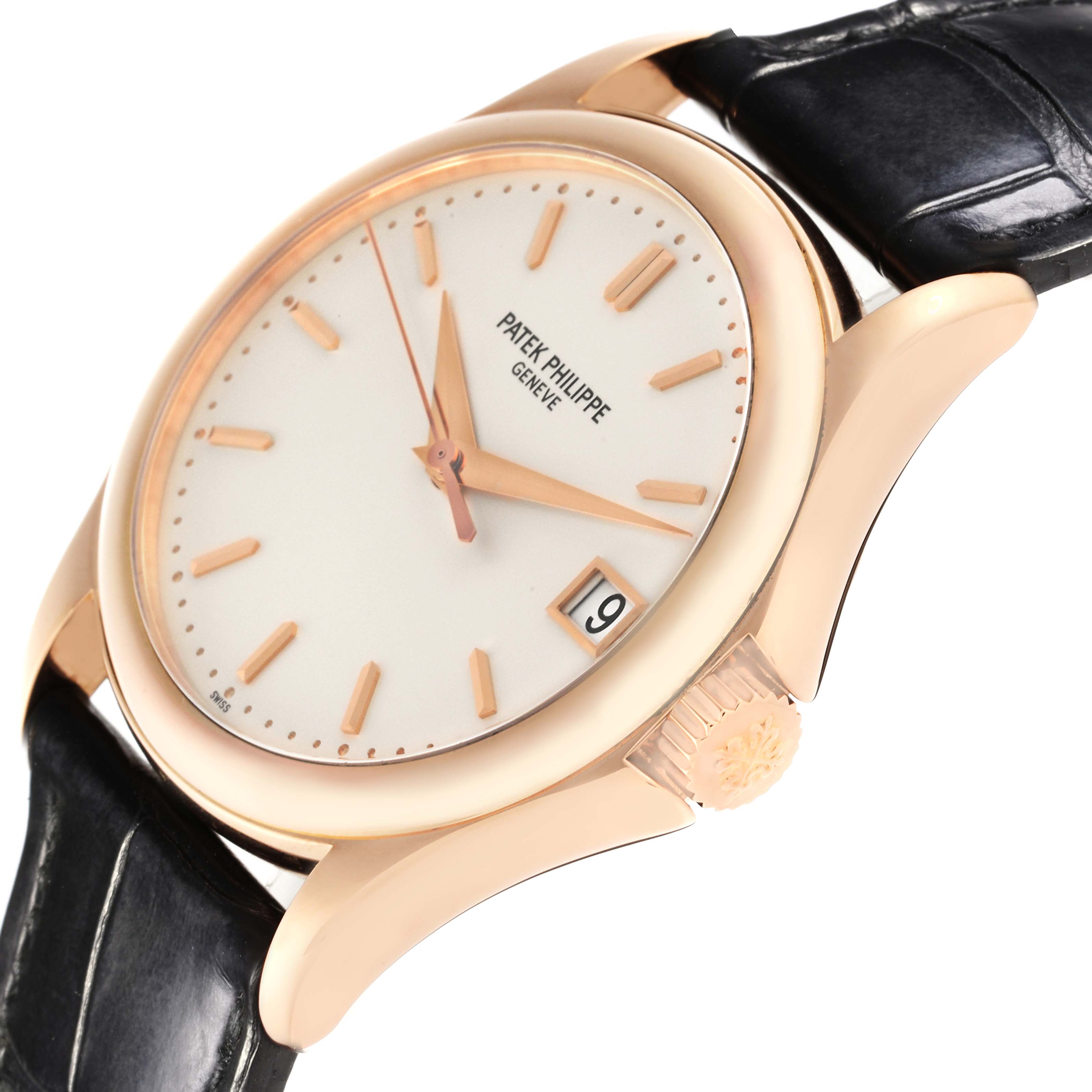 The Patek Philippe Calatrava 5127R-001 Men's Rose Gold Silver Dial 5127R-001 Men's Rose Gold Silver Dial watch is shown from a three-quarter angle, displaying the face, crown, and black leather strap.