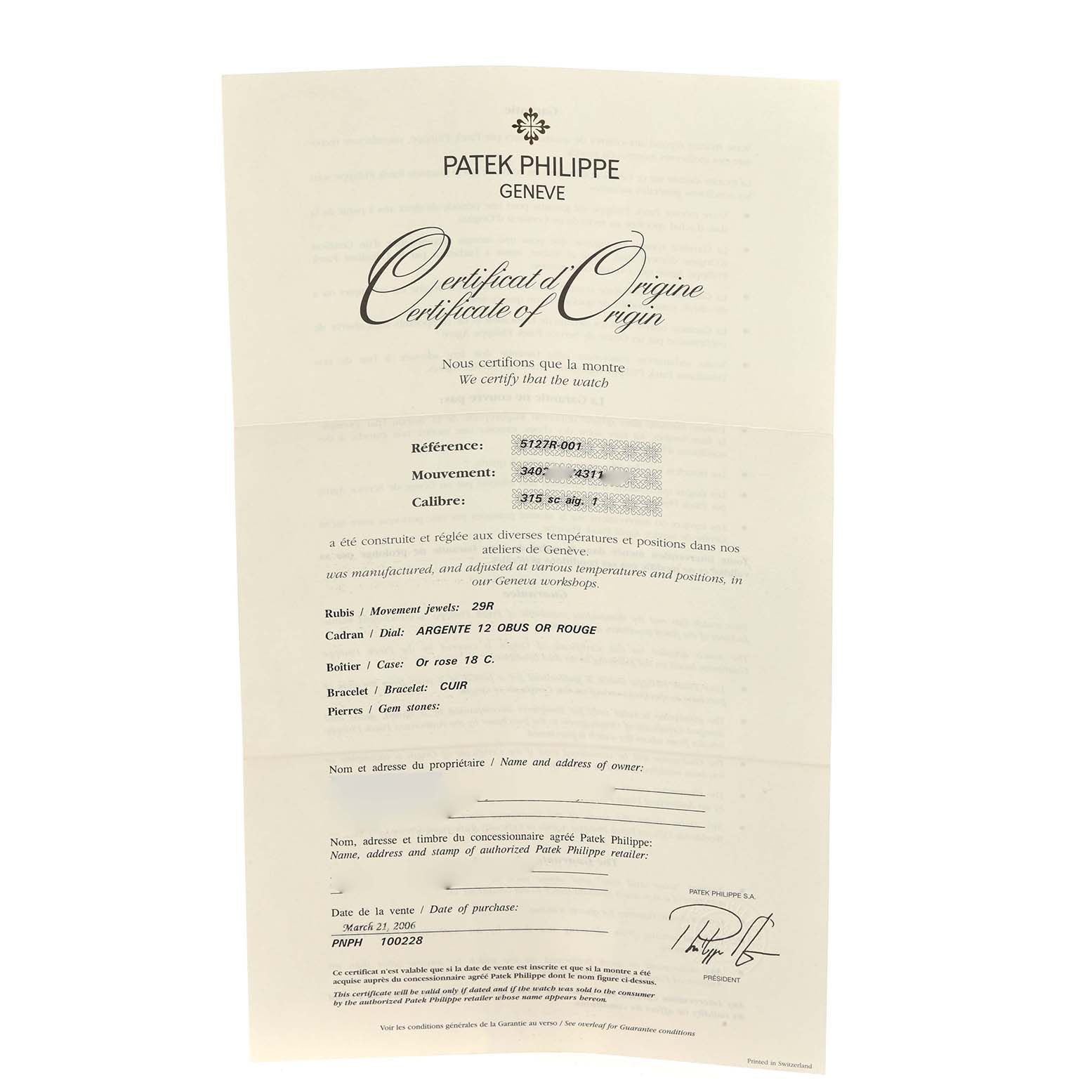 The image shows a Certificate of Origin for a Patek Philippe Calatrava 5127R-001 Men's Rose Gold Silver Dial 5127R-001 Men's Rose Gold Silver Dial model watch, no watch parts are visible.