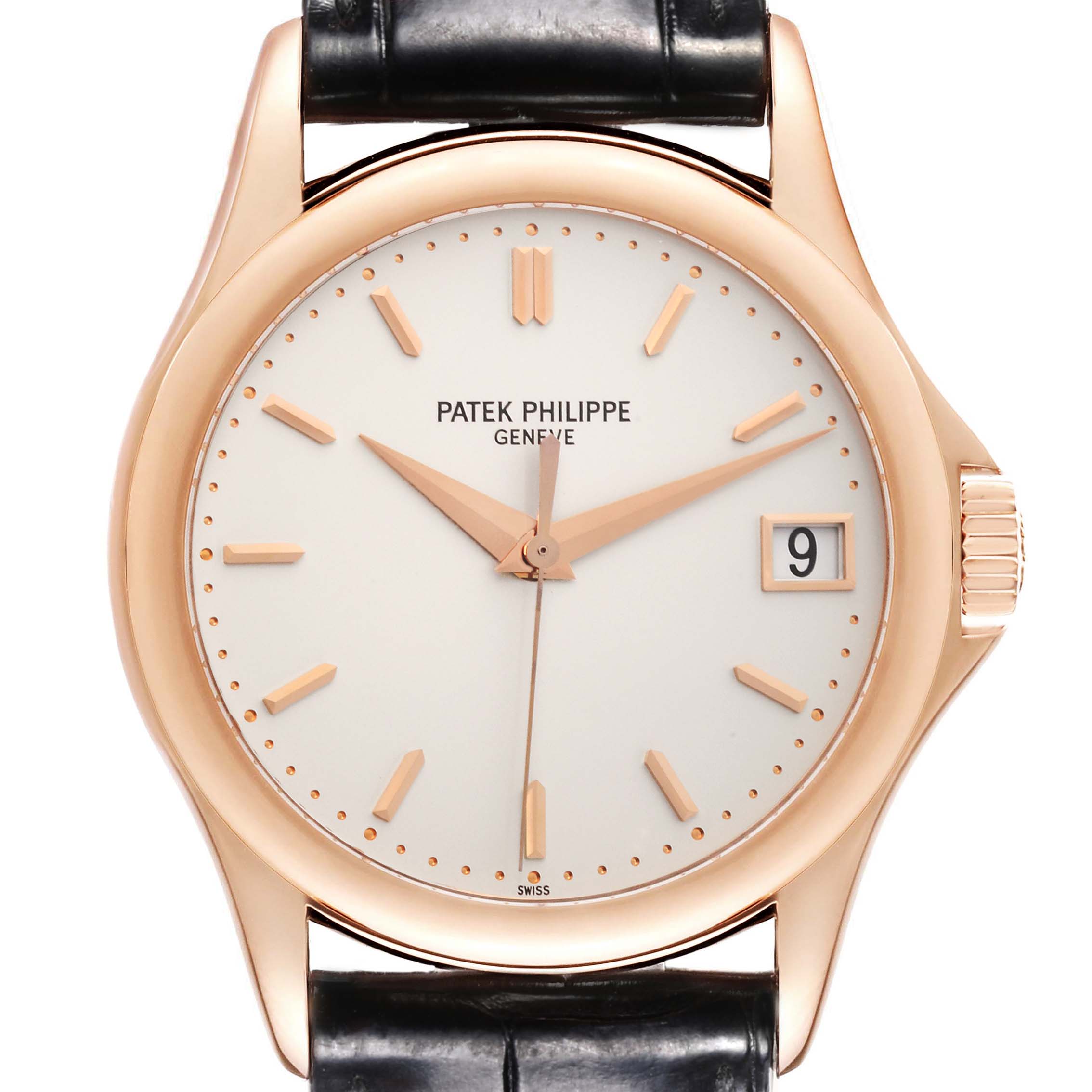 The Patek Philippe Calatrava 5127R-001 Men's Rose Gold Silver Dial 5127R-001 Men's Rose Gold Silver Dial watch is shown front-on, displaying the dial, hands, date window, and crown.