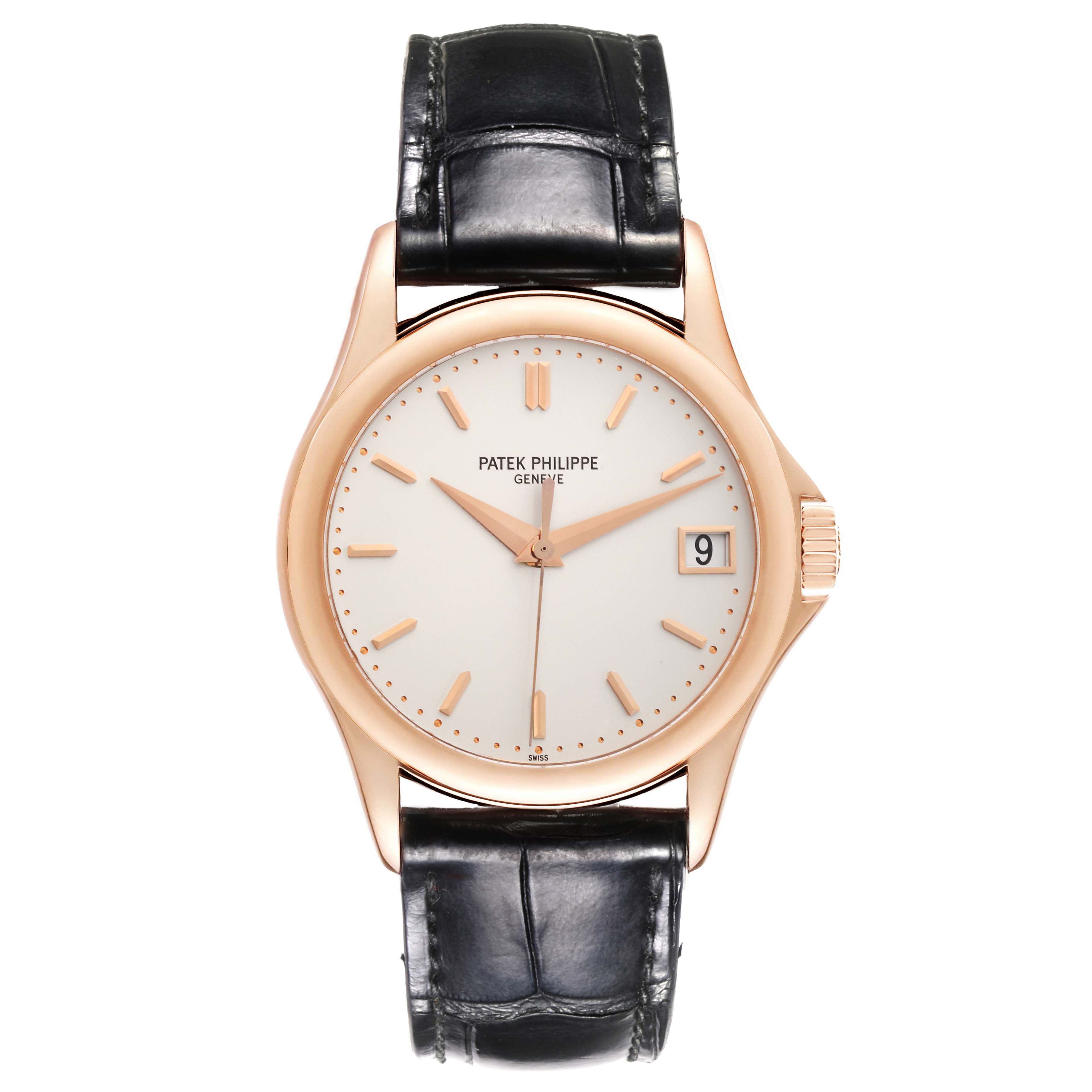 The Patek Philippe Calatrava 5127R-001 Men's Rose Gold Silver Dial 5127R-001 Men's Rose Gold Silver Dial watch is shown from a front angle, displaying the dial, hands, crown, and leather strap.