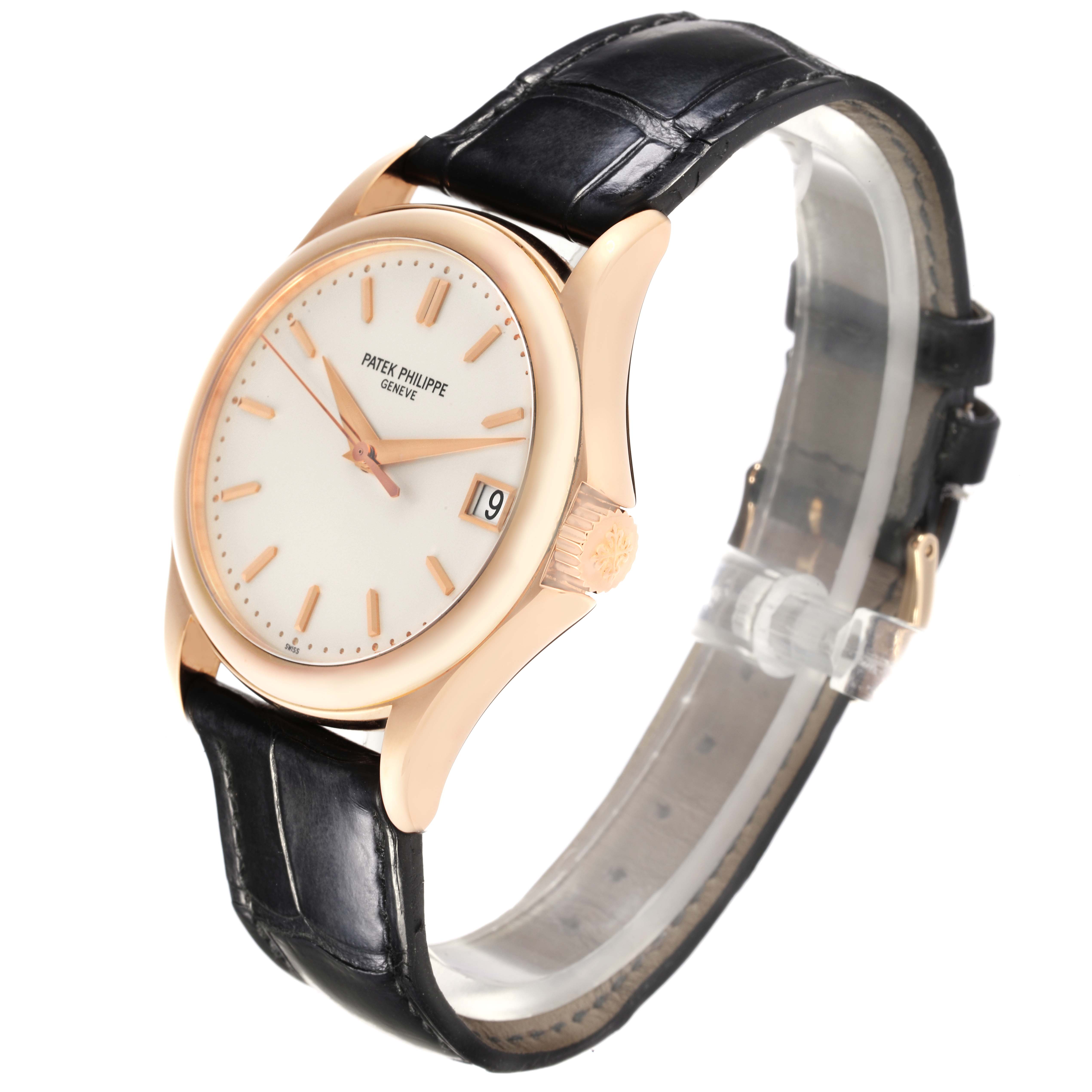 The image shows a Patek Philippe Calatrava 5127R-001 Men's Rose Gold Silver Dial 5127R-001 Men's Rose Gold Silver Dial watch at a three-quarter angle, highlighting the face, crown, and strap.