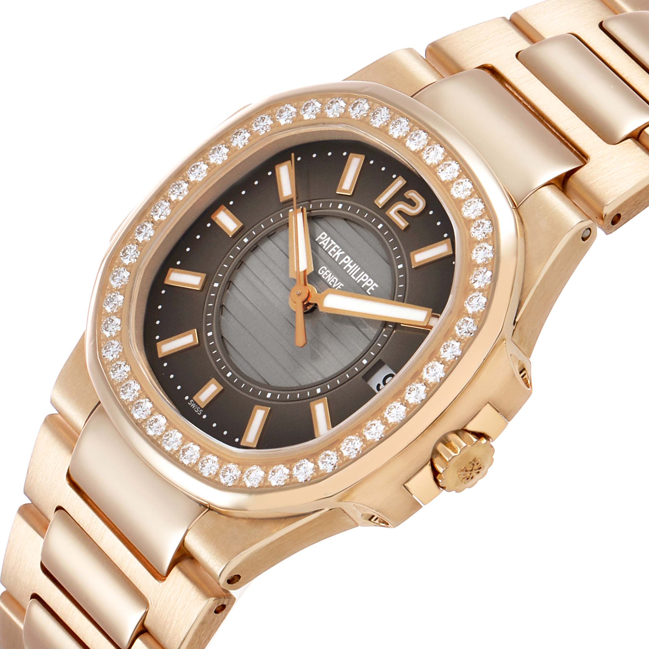 The Patek Philippe Nautilus 7010/1R-010 Women's Rose Gold Grey Dial watch is shown at a slight angle, highlighting its face, diamond bezel, and a portion of the bracelet.
