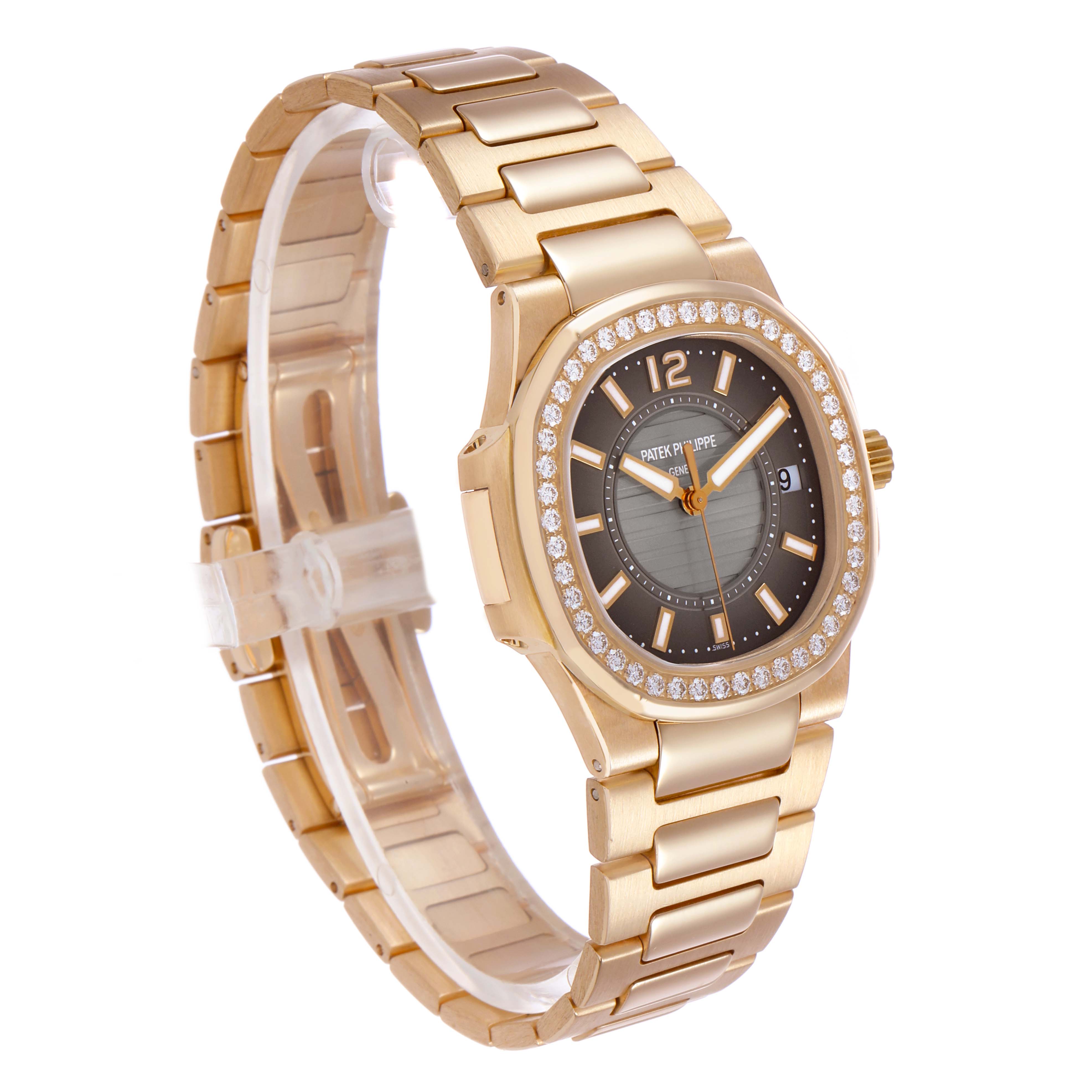 The Patek Philippe Nautilus 7010/1R-010 Women's Rose Gold Grey Dial watch is shown at a three-quarter angle, highlighting the bezel, dial, and bracelet.
