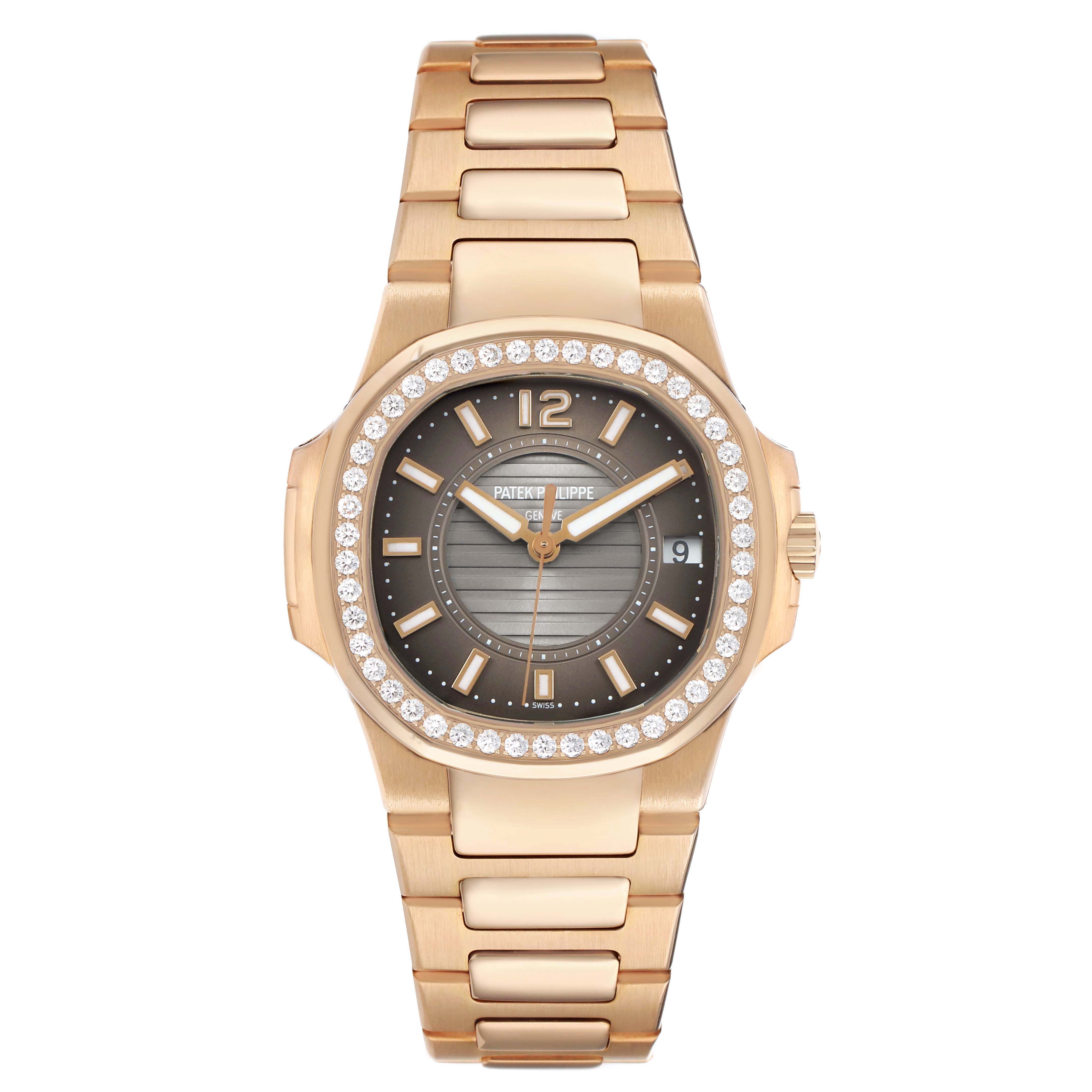 The Patek Philippe Nautilus 7010/1R-010 Women's Rose Gold Grey Dial watch is shown from the front, highlighting its bracelet, bezel, and dial with diamond accents.