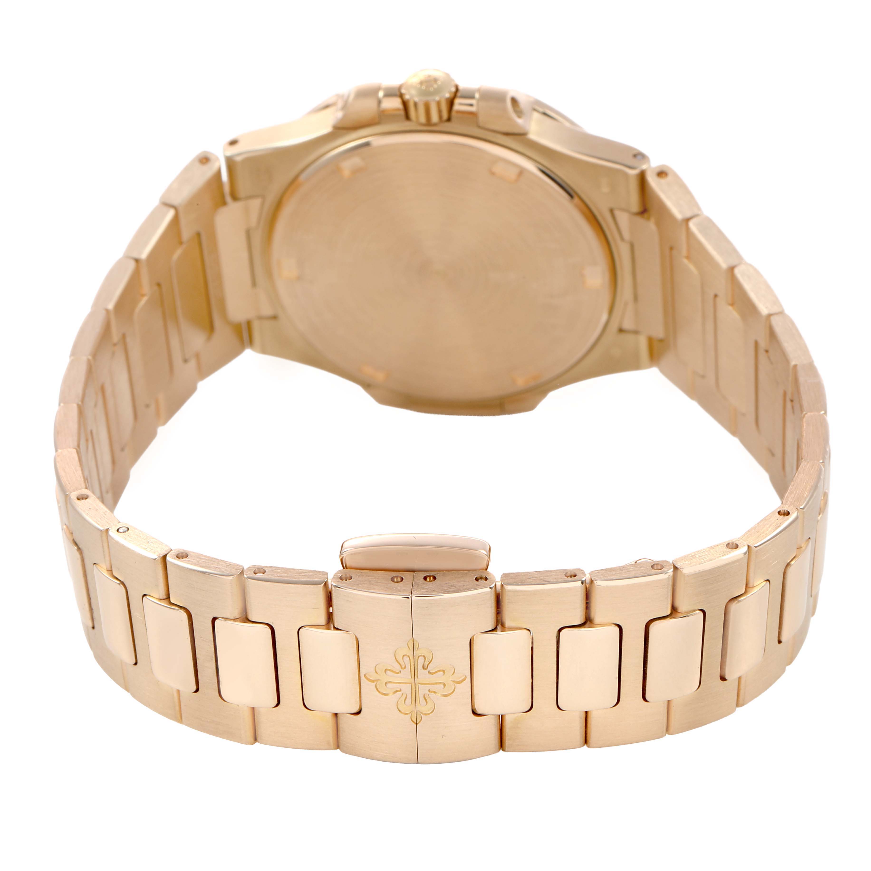 The image shows the back and clasp of a Patek Philippe Nautilus 7010/1R-010 Women's Rose Gold Grey Dial watch from a rear angle.
