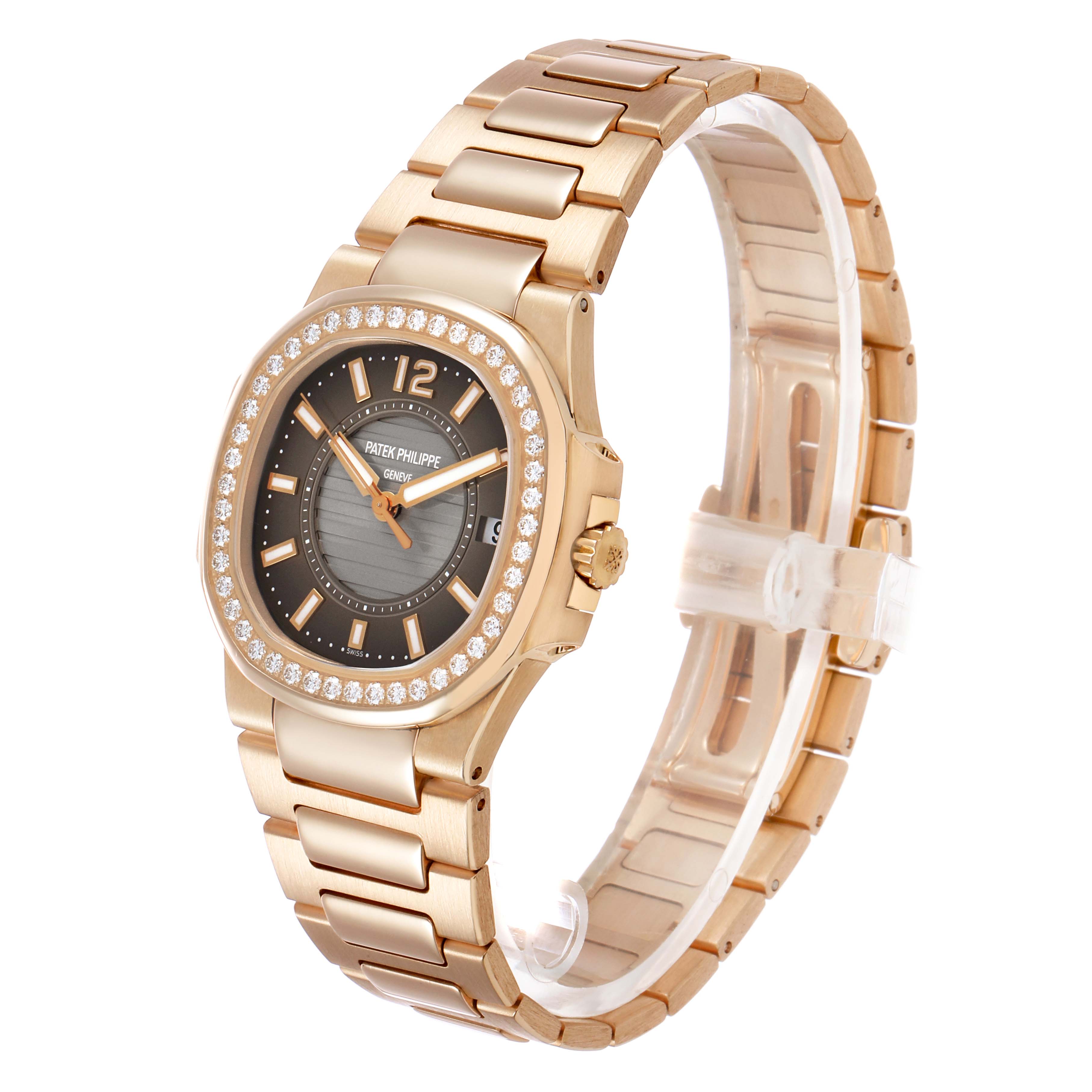 The Patek Philippe Nautilus 7010/1R-010 Women's Rose Gold Grey Dial watch is shown at a three-quarter angle, highlighting the dial, bezel, bracelet, and crown.
