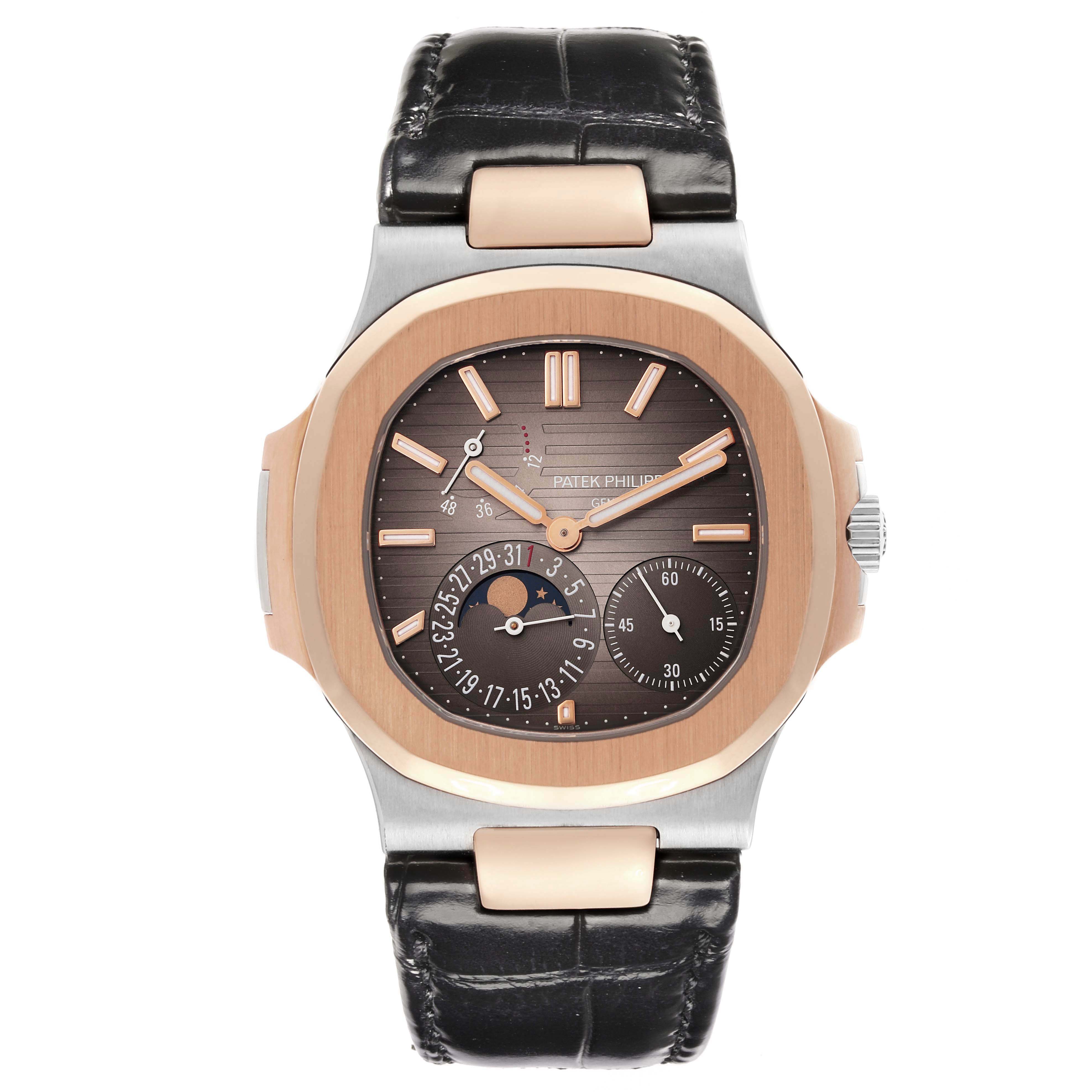 The Patek Philippe Nautilus 5712GR-001 Men's White Gold Grey Dial 5712GR-001 Men's White Gold Grey Dial watch is shown from the front, displaying the face, case, and leather strap.