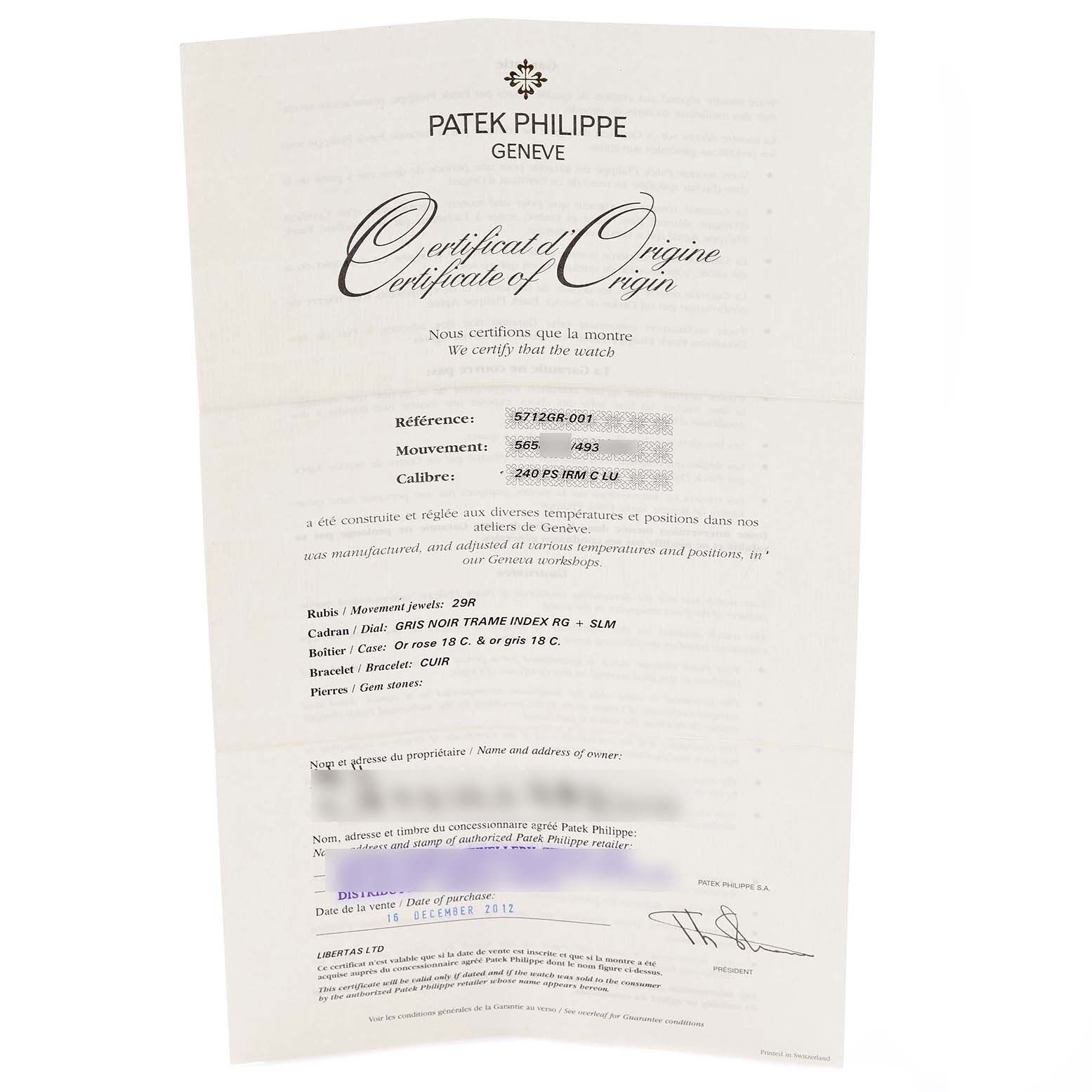 The image displays a Patek Philippe Nautilus 5712GR-001 Men's White Gold Grey Dial 5712GR-001 Men's White Gold Grey Dial Certificate of Origin, showing detailed watch specifications.