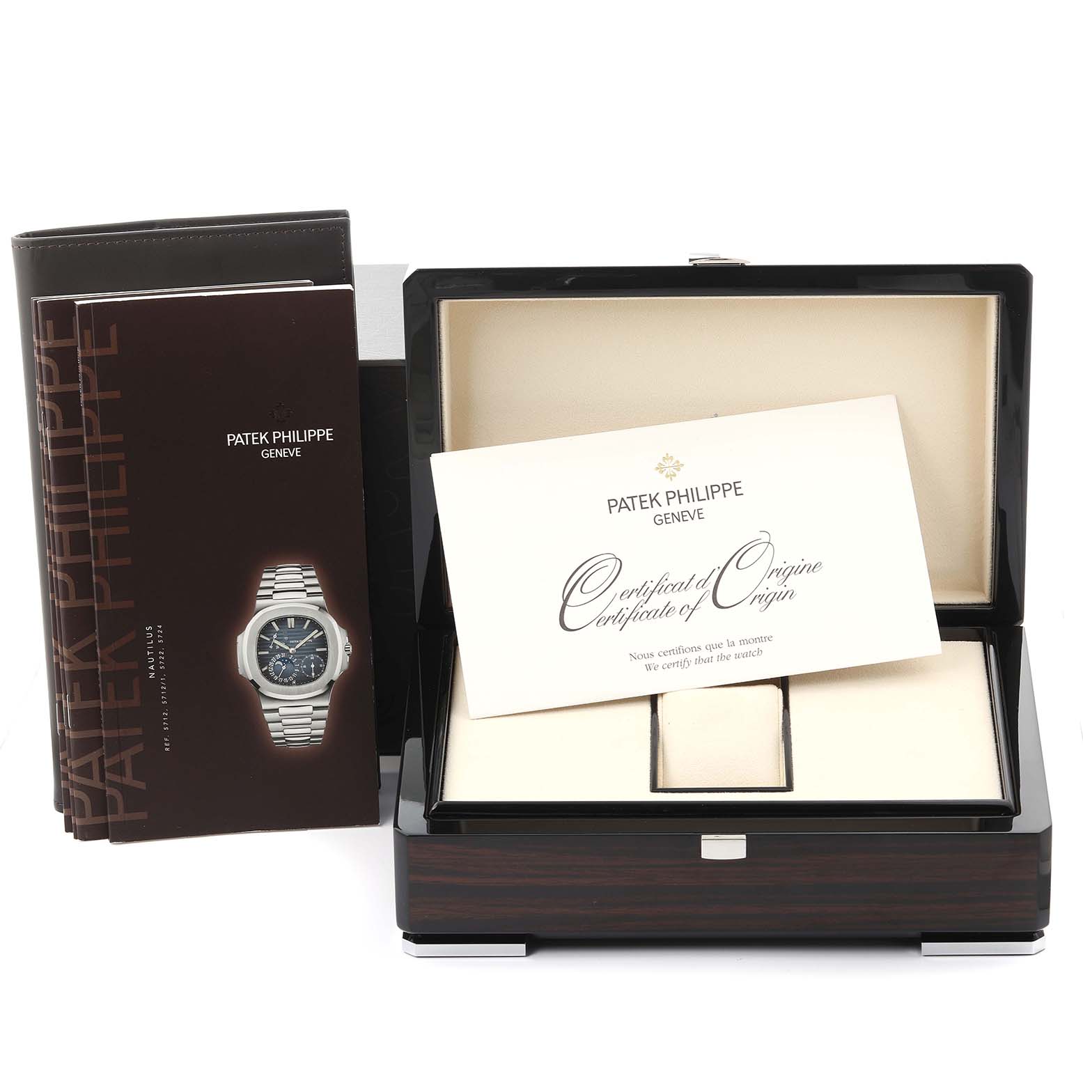 The image shows a Patek Philippe Nautilus 5712GR-001 Men's White Gold Grey Dial 5712GR-001 Men's White Gold Grey Dial watch box, certificate, and booklet, viewed from the front.