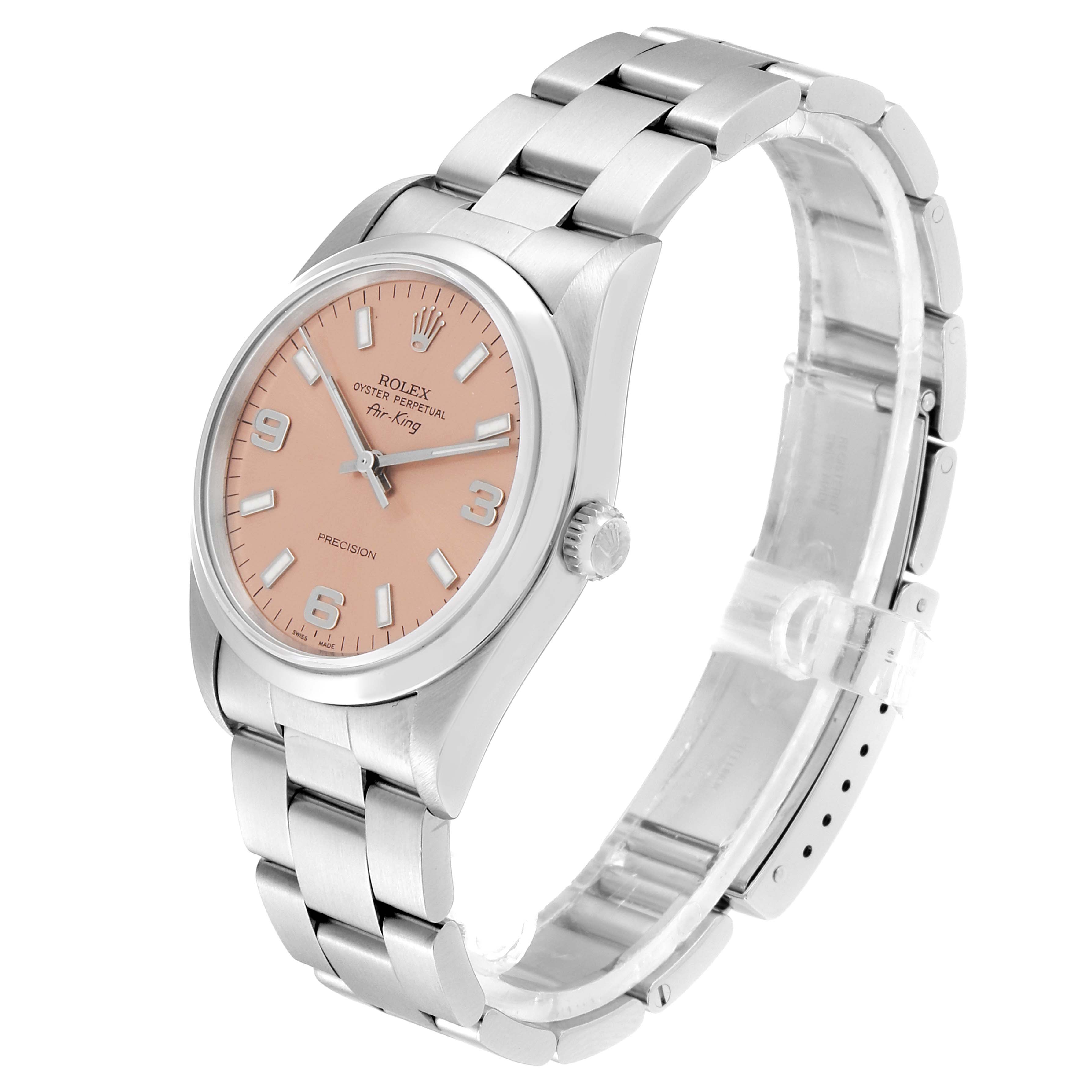 The Rolex Air-King 14000 Men's Stainless Steel Pink Dial 14000 Men's Stainless Steel Pink Dial watch is shown at an angle highlighting its face, crown, and bracelet.