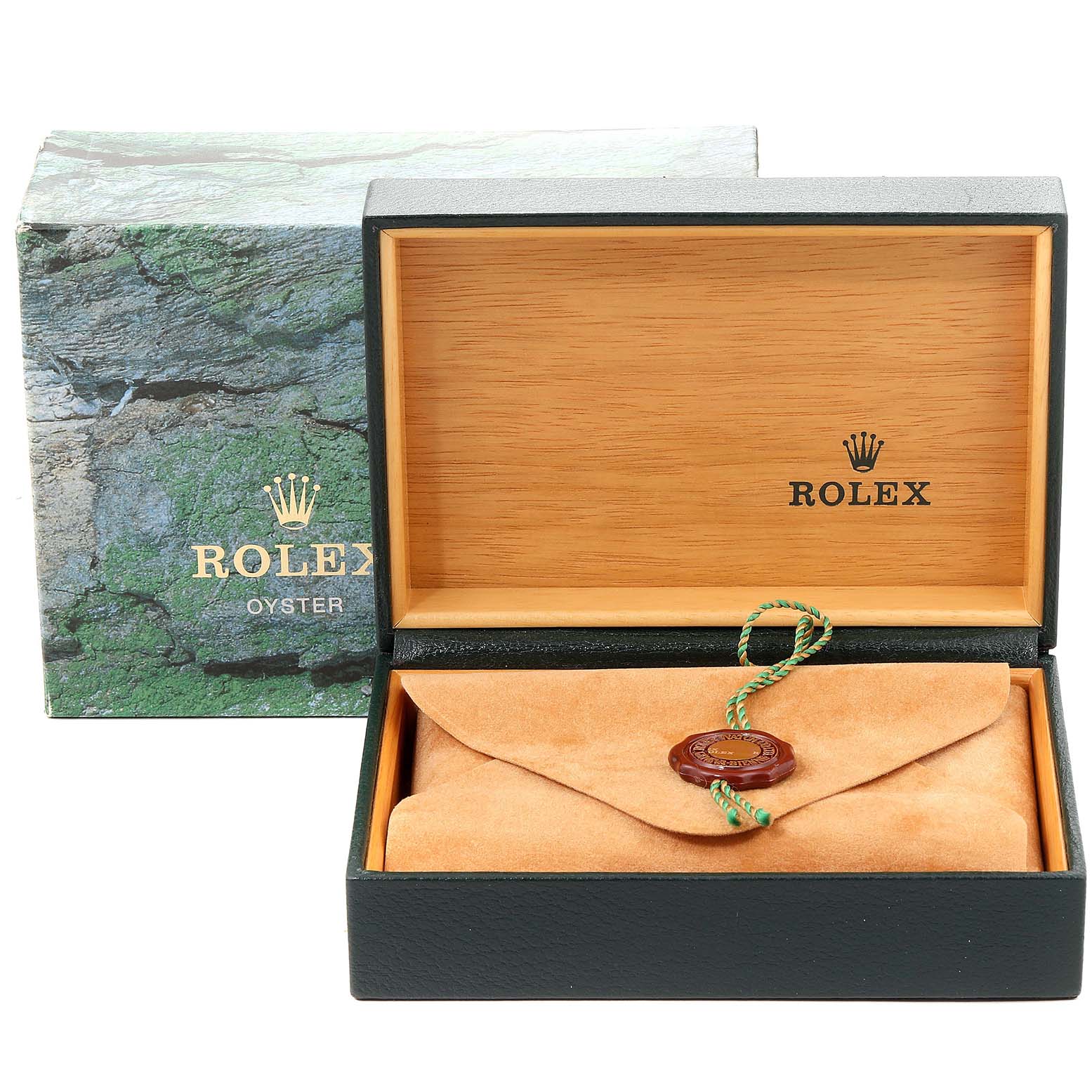 The image shows the packaging for a Rolex Air-King 14000 Men's Stainless Steel Pink Dial 14000 Men's Stainless Steel Pink Dial watch, including the outer box, inner wooden box, and suede envelope.