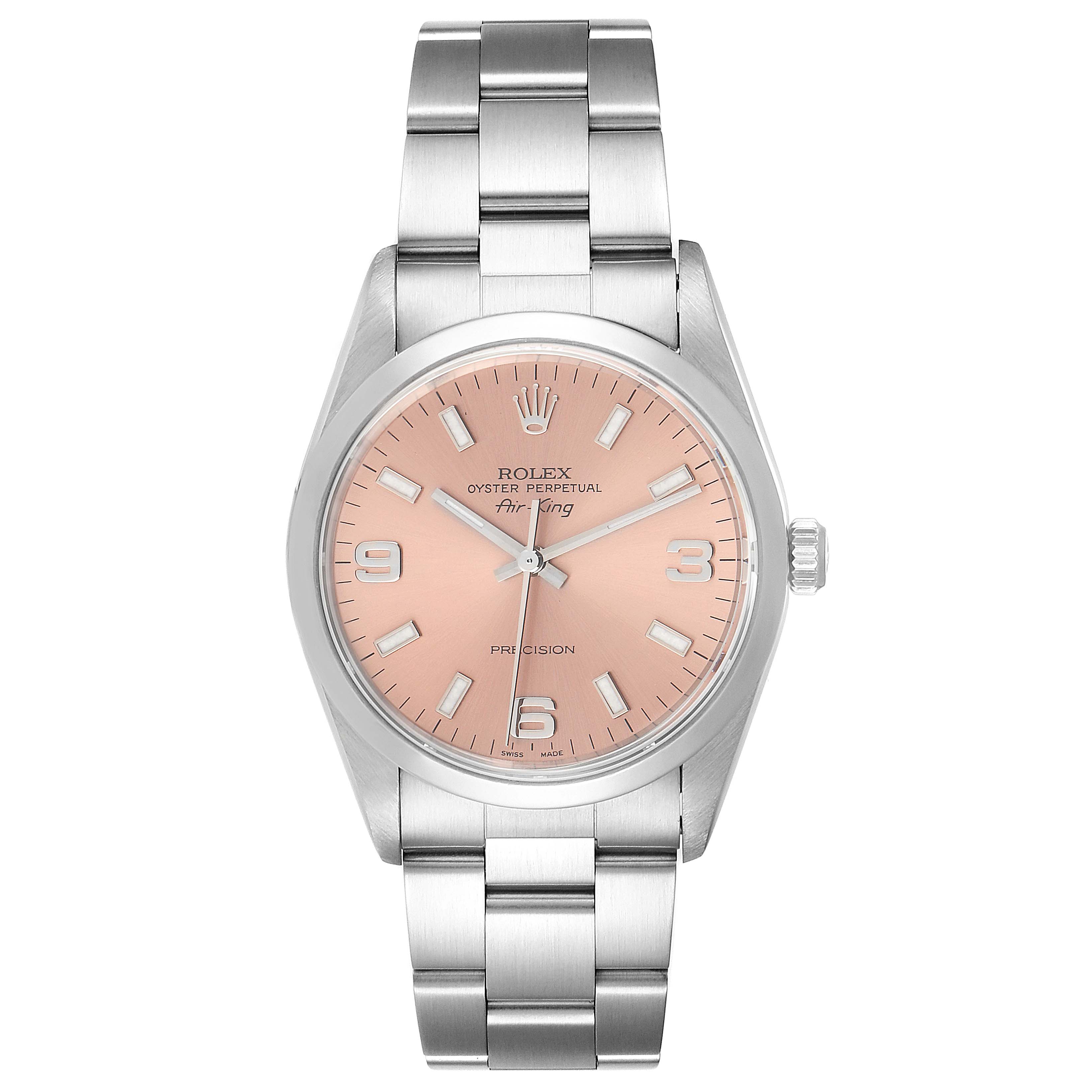 The image shows a Rolex Air-King 14000 Men's Stainless Steel Pink Dial 14000 Men's Stainless Steel Pink Dial watch from a front angle, highlighting its dial, hands, crown, and bracelet.