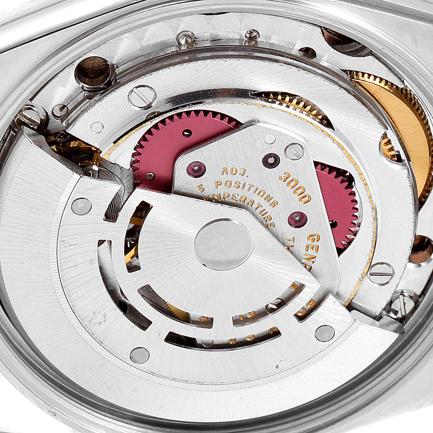 The image shows a close-up view of the Rolex Air-King 14000 Men's Stainless Steel Pink Dial 14000 Men's Stainless Steel Pink Dial movement, highlighting the intricate gears and mechanism.