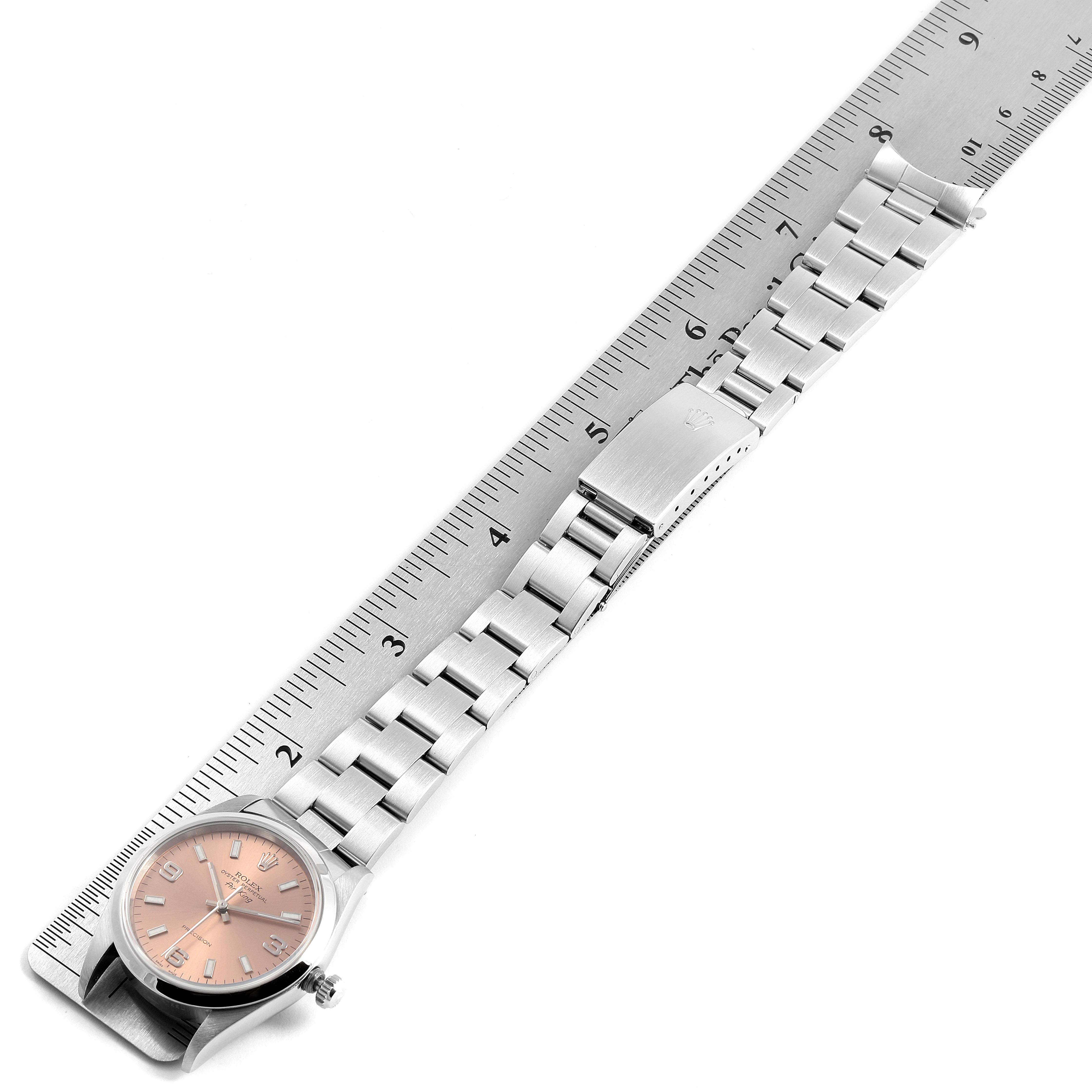 The image shows a Rolex Air-King 14000 Men's Stainless Steel Pink Dial 14000 Men's Stainless Steel Pink Dial watch laid flat, measured with a ruler, displaying the dial, bracelet, and clasp.
