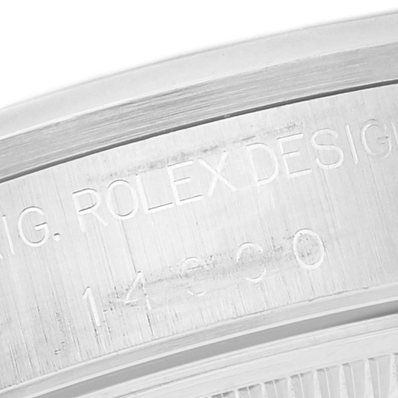This image shows a close-up of the case back engraving of the Rolex Air-King 14000 Men's Stainless Steel Silver Dial 14000 Men's Stainless Steel Silver Dial watch.