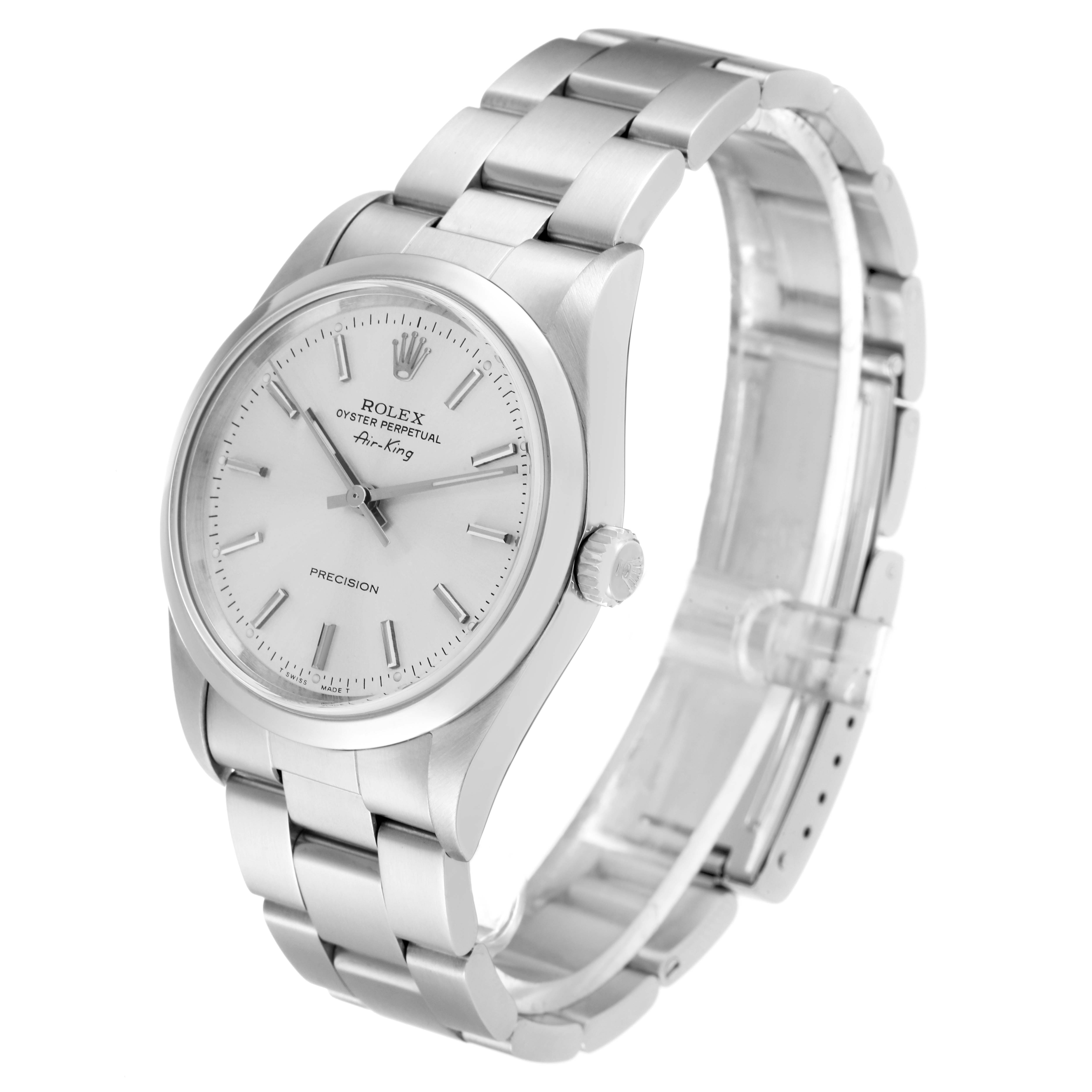 This image shows a side and front view of the Rolex Air-King 14000 Men's Stainless Steel Silver Dial 14000 Men's Stainless Steel Silver Dial, highlighting the watch face, dial, crown, and bracelet.
