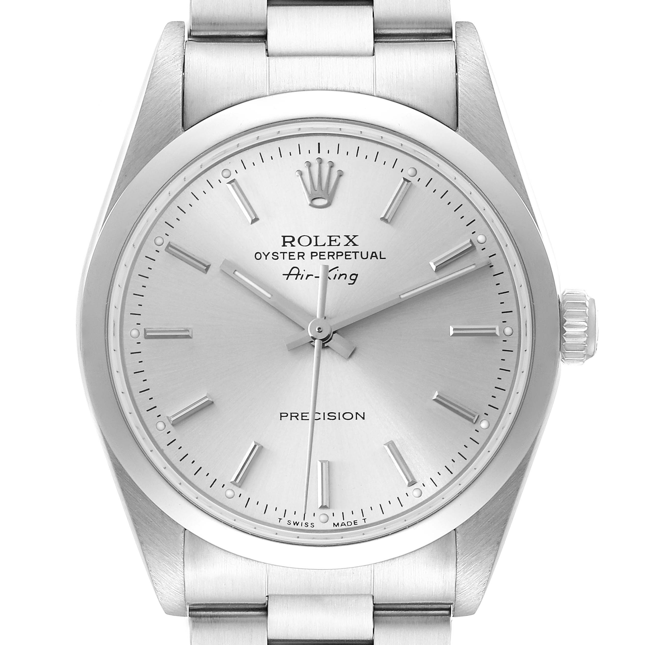 This image shows a front view of the Rolex Air-King 14000 Men's Stainless Steel Silver Dial 14000 Men's Stainless Steel Silver Dial watch showcasing its dial, crown, and part of its bracelet.