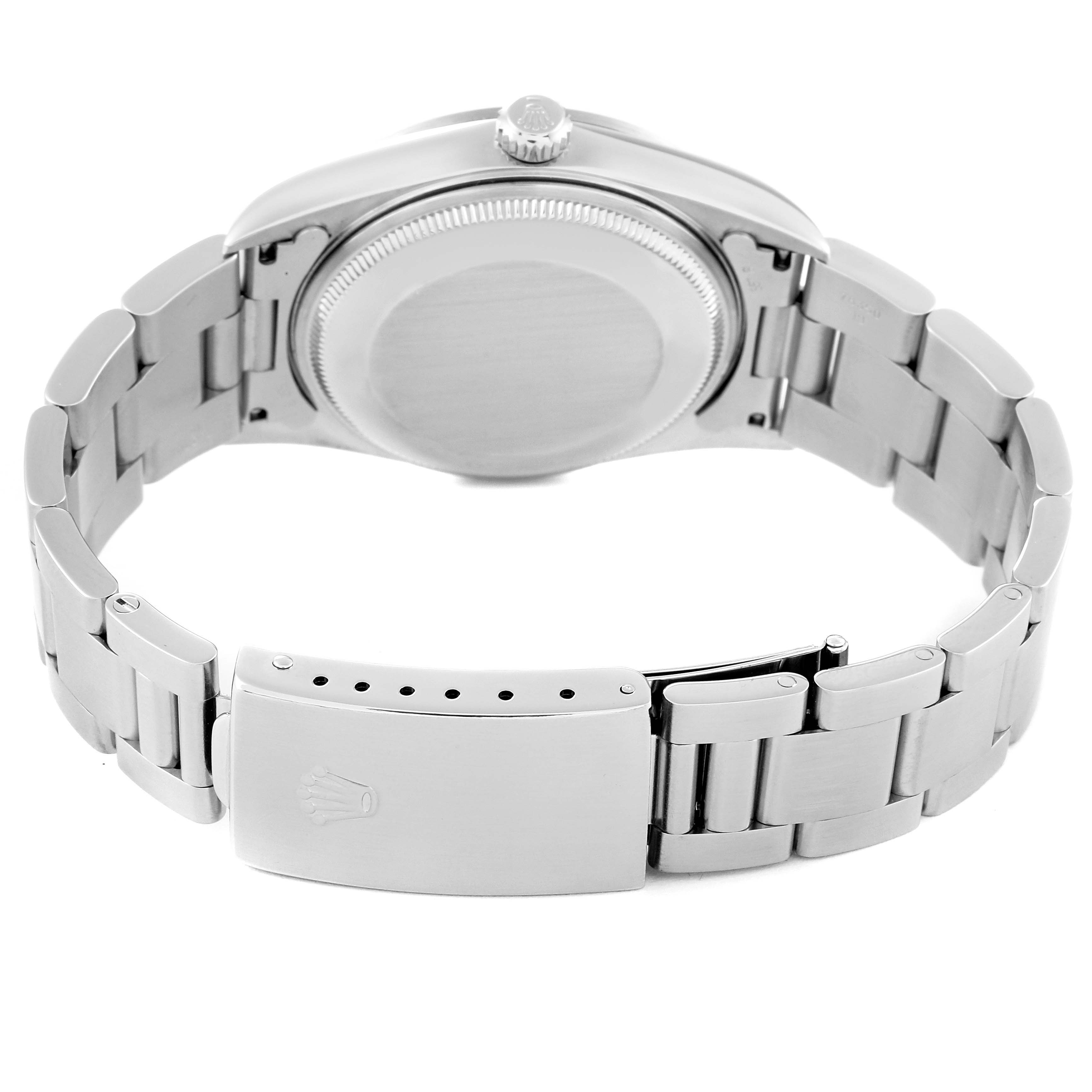 The image displays the back view of a Rolex Air-King 14000 Men's Stainless Steel Silver Dial 14000 Men's Stainless Steel Silver Dial watch showcasing its case back, bracelet, and clasp.