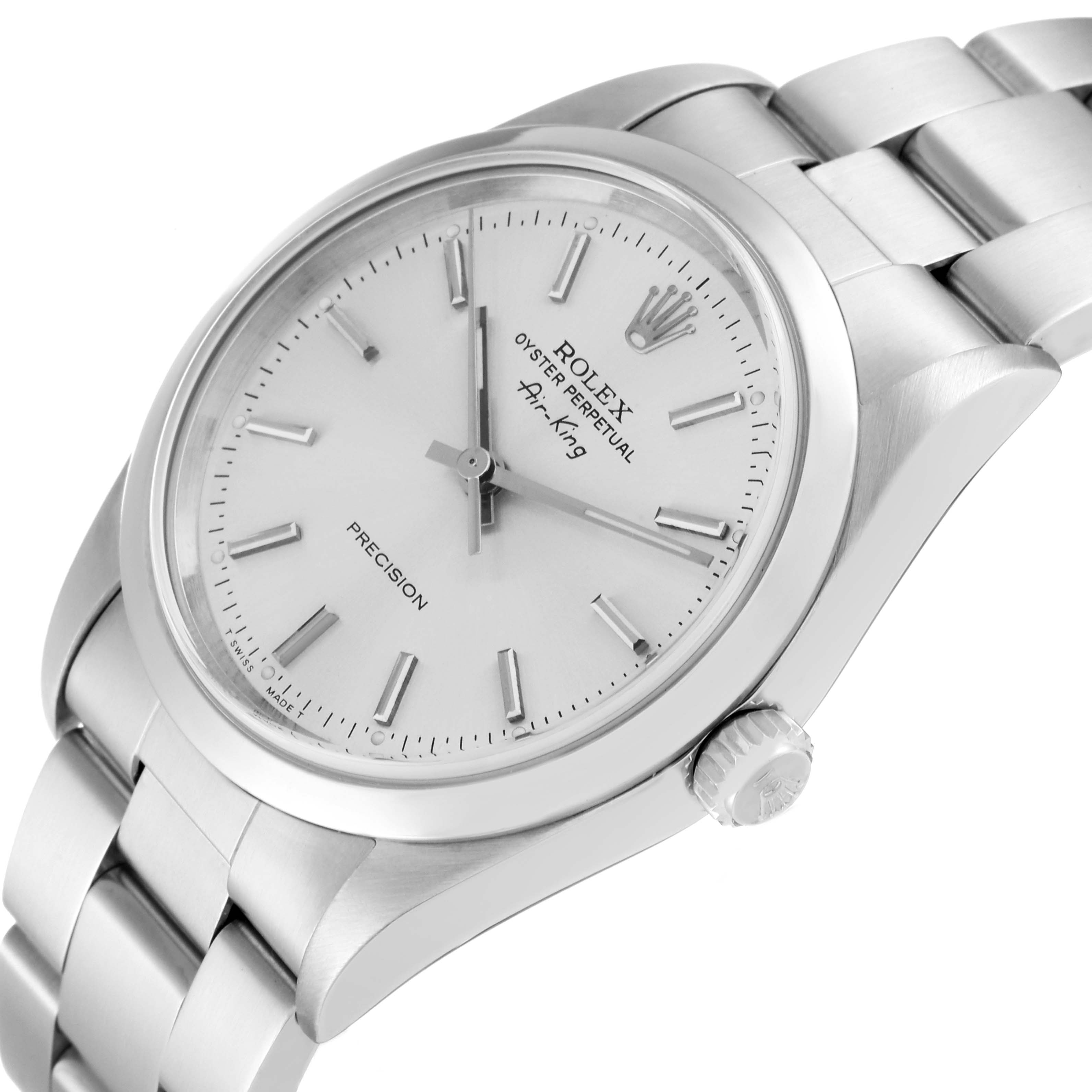 The image shows a Rolex Air-King 14000 Men's Stainless Steel Silver Dial 14000 Men's Stainless Steel Silver Dial watch at an angled top view highlighting its face, bezel, and part of the bracelet.