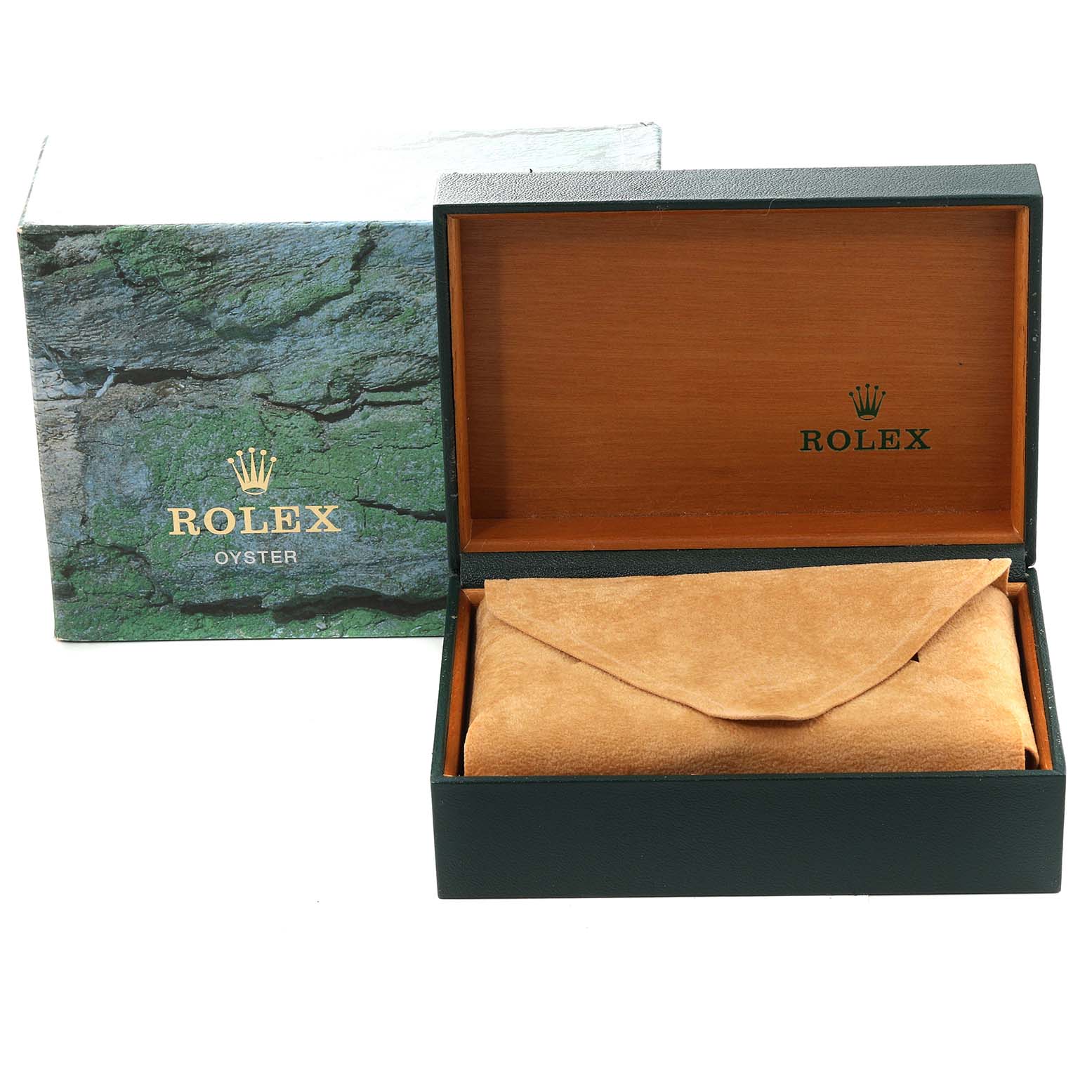 The image shows a Rolex Air-King 14000 Men's Stainless Steel Silver Dial 14000 Men's Stainless Steel Silver Dial watch box and pouch, with the box open and the pouch inside.
