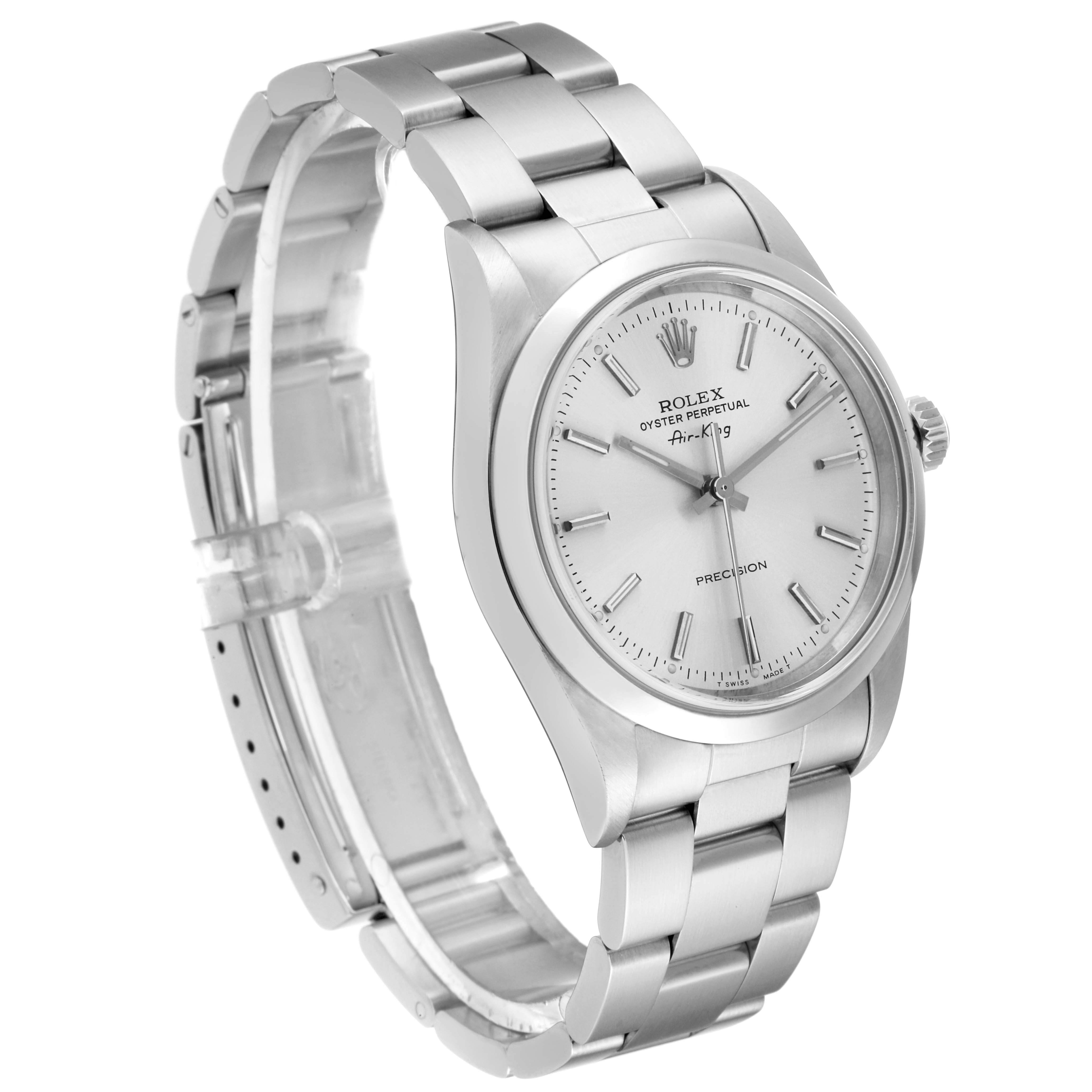 The Rolex Air-King 14000 Men's Stainless Steel Silver Dial 14000 Men's Stainless Steel Silver Dial watch is shown at a three-quarter angle displaying its dial, bezel, bracelet, and clasp.