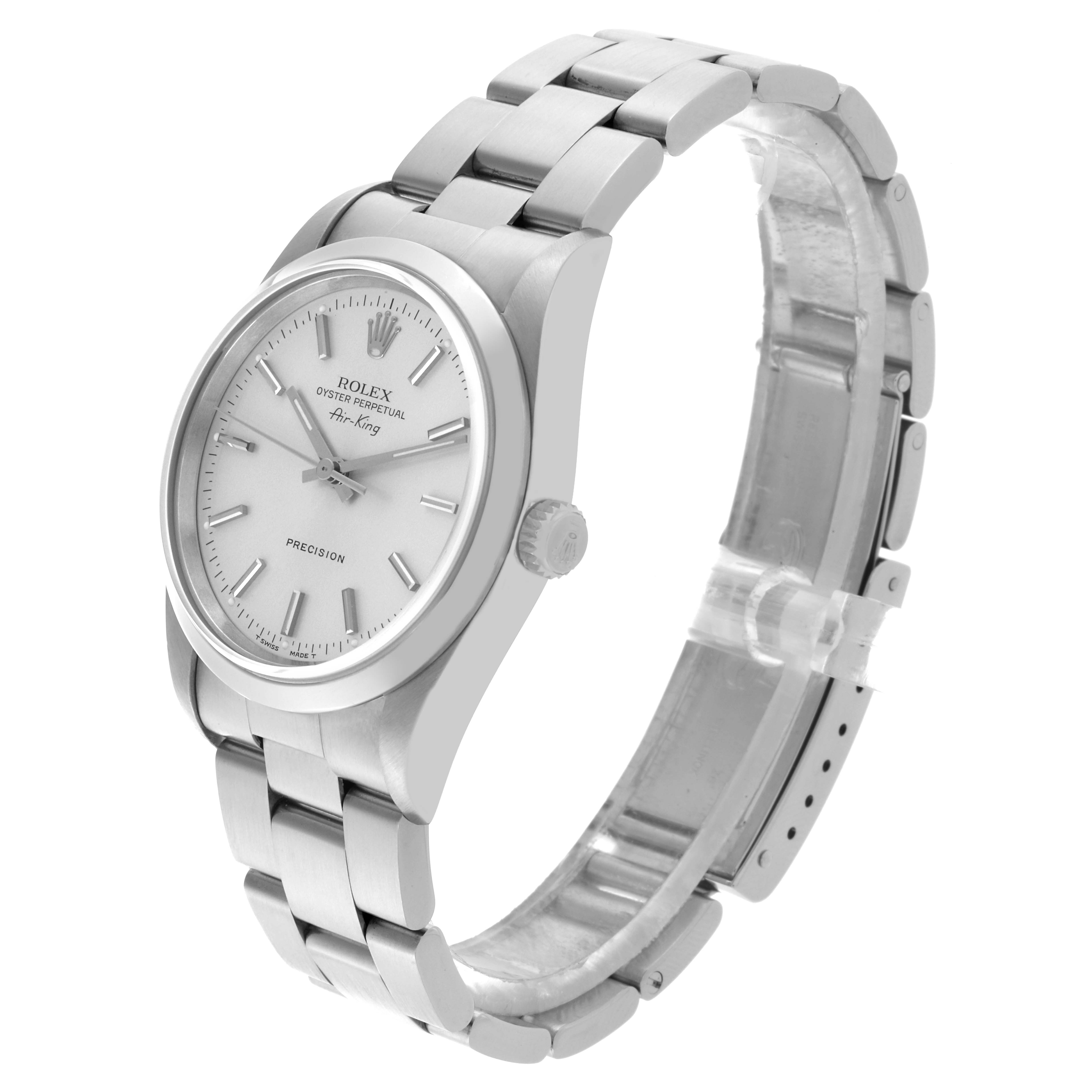 The Rolex Air-King 14000 Men's Stainless Steel Silver Dial 14000 Men's Stainless Steel Silver Dial watch is shown at a slight angle, displaying the dial, bezel, crown, and bracelet.