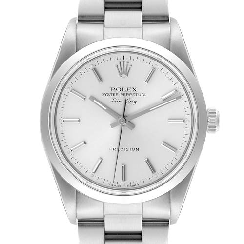 This image shows a front view of the Rolex Air-King watch, highlighting its face, bezel, and bracelet.