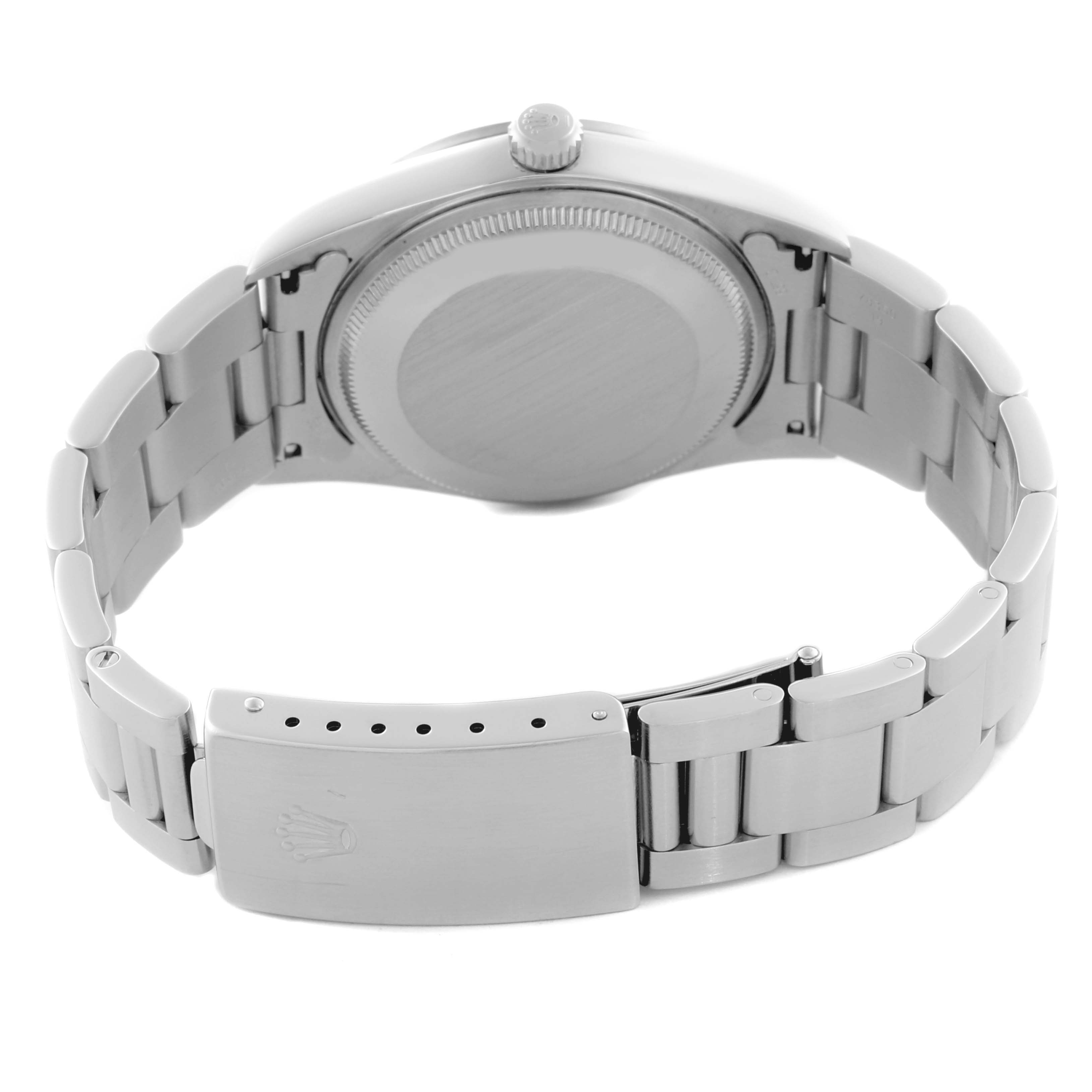 The image shows the back and clasp of a Rolex Air-King 14000 Men's Stainless Steel Silver Dial 14000 Men's Stainless Steel Silver Dial watch, highlighting the bracelet and case back.