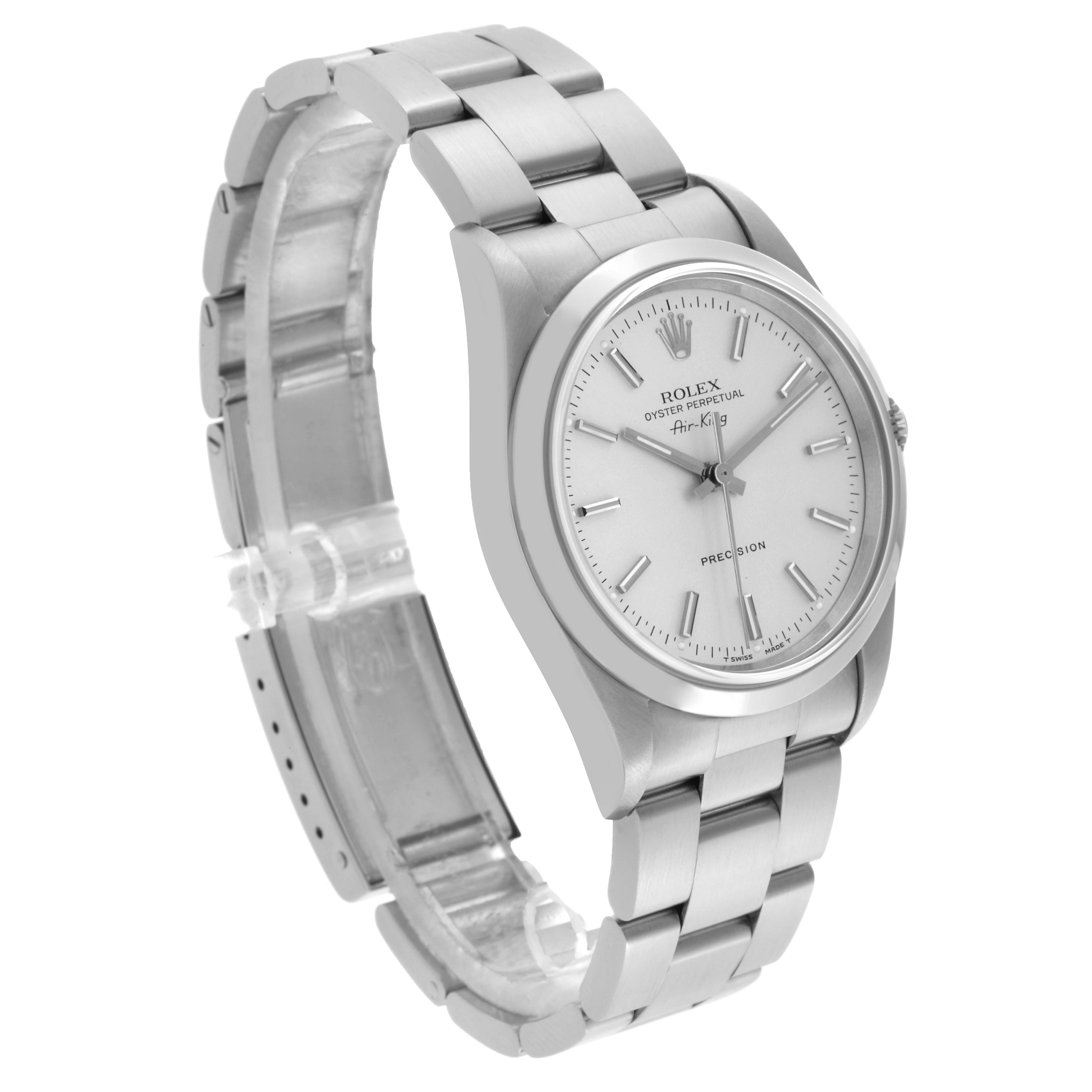 The Rolex Air-King 14000 Men's Stainless Steel Silver Dial 14000 Men's Stainless Steel Silver Dial watch is shown at a slight angle, highlighting the face, bezel, and part of the bracelet.