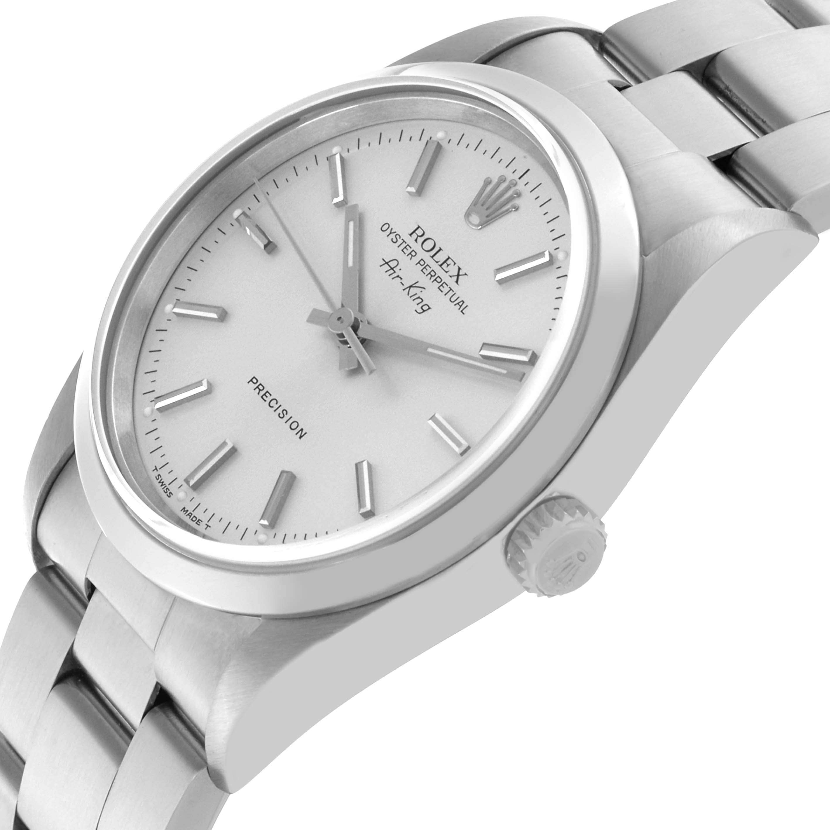 The Rolex Air-King 14000 Men's Stainless Steel Silver Dial 14000 Men's Stainless Steel Silver Dial is shown from a side angle, highlighting the dial, crown, and metal bracelet.