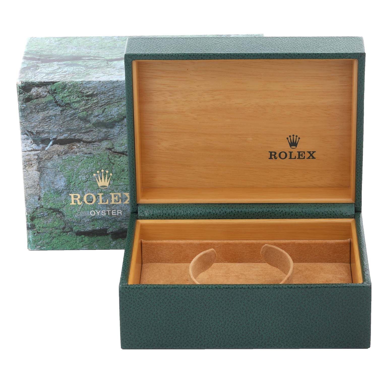 The image shows an open green Rolex watch box for the Air-King model, with the inside wood and outer packaging visible.