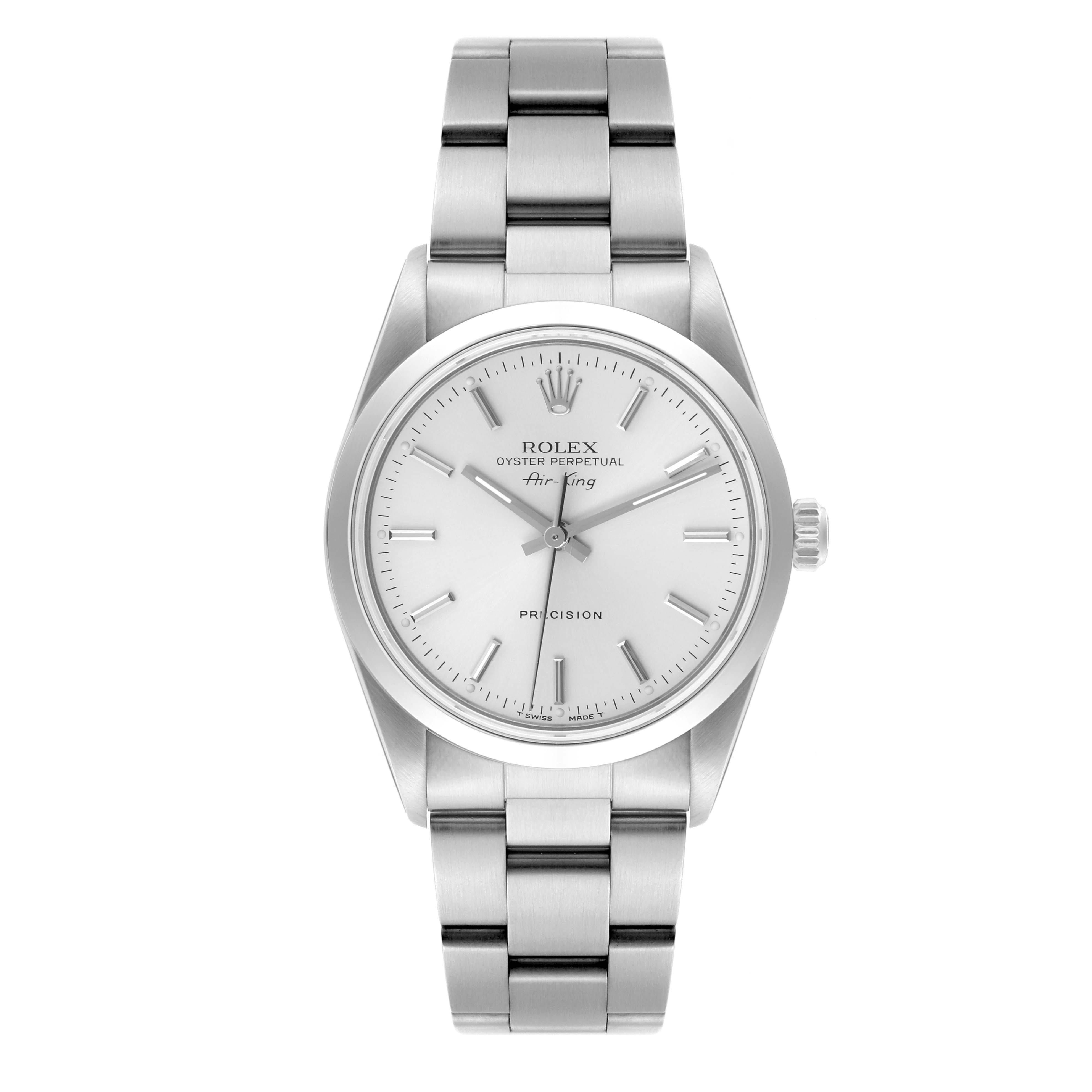 The Rolex Air-King 14000 Men's Stainless Steel Silver Dial 14000 Men's Stainless Steel Silver Dial watch is shown in a front view displaying the dial, hands, and full bracelet.