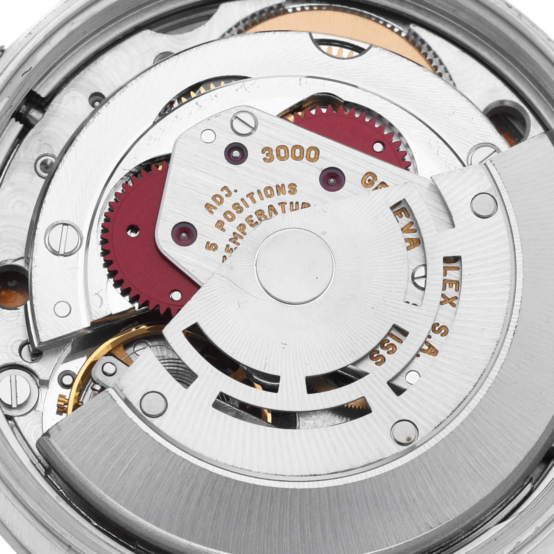 This image shows a close-up of the Rolex Air-King 14000 Men's Stainless Steel Silver Dial 14000 Men's Stainless Steel Silver Dial's movement, revealing gears and intricate parts.