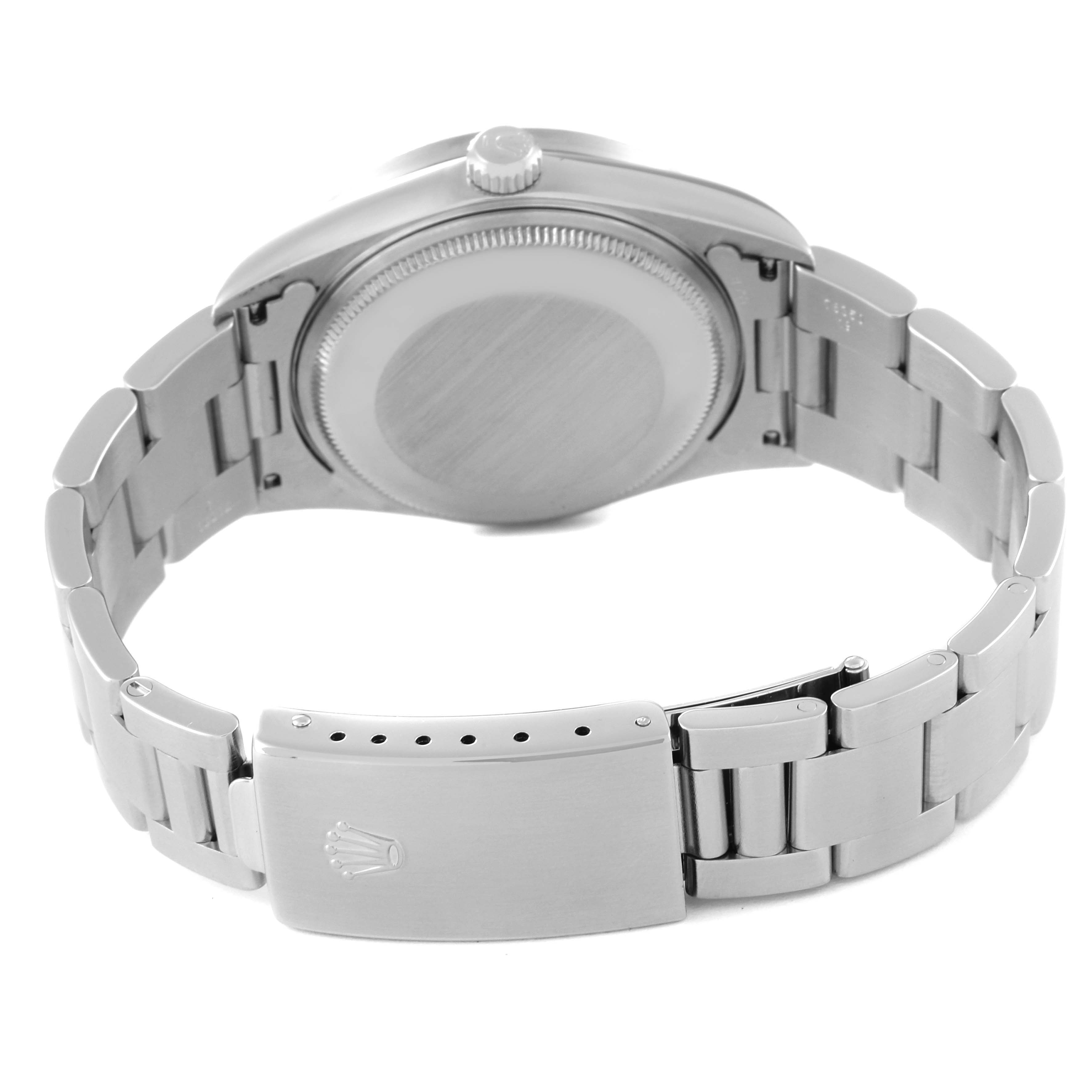 This image shows the back and clasp of the Rolex Air-King 14010 Men's Stainless Steel Black Dial 14010 Men's Stainless Steel Black Dial watch, highlighting the bracelet and case-back.